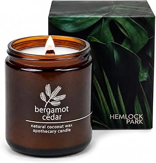 Hemlock Park Bergamot Cedar Apothecary Scented Candle | Crackling Wood Wick, Botanical Fragrance & Coconut Apricot Wax | Up to 60 Hour Burn Time | 8 oz | Made in USA