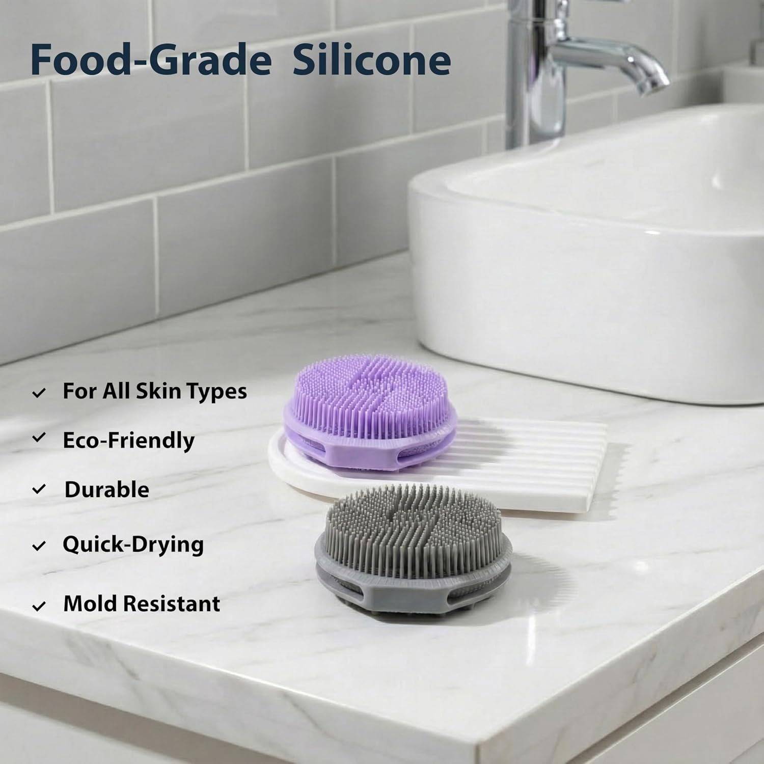 MtBoi 2 Pack Silicone Exfoliating Body Scrubber, Soft Silicone Loofah for Sensitive Skin, 2-in-1 Body Brush & Shower Head Massager, Easy to Clean, Rich Lather (Black&Purple)