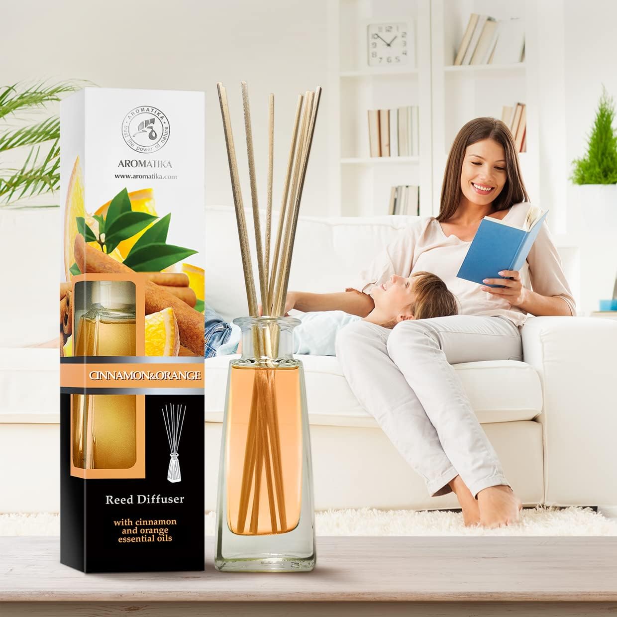Reed Diffuser Cinnamon & Orange 3.4 Fl Oz (100ml) - Room Diffuser with Cinnamon and Orange Essential Oils - Fragrance Diffuser with Rattan Sticks - Christmas Scent - Scented Diffusers - Home Fragrance