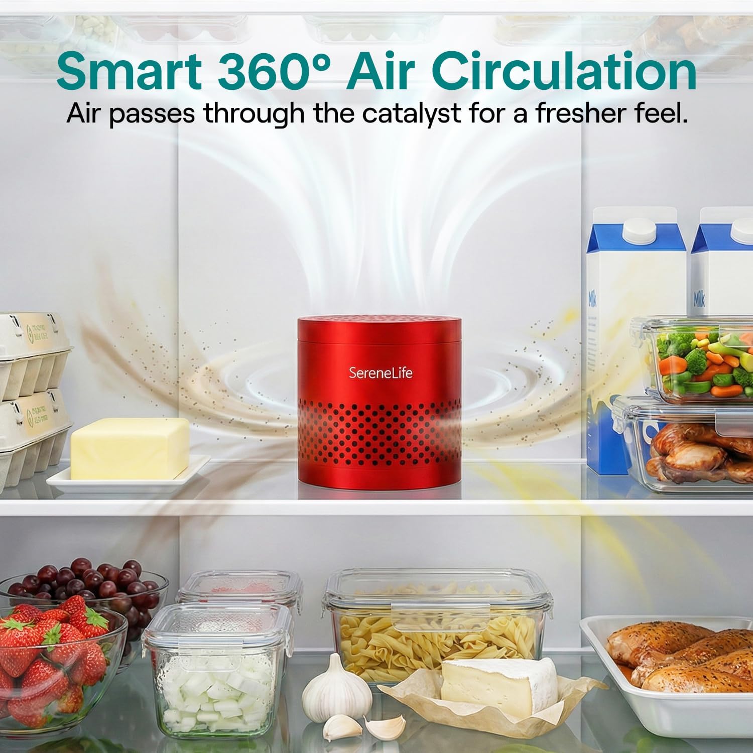SereneLife Fridge Deodorizer & Odor Eliminator, Multi-Use Refrigerator Deodorizer Aluminum Pod for Freezer, Closet, Car, Shoes & Enclosed Spaces, Compact, Reusable & Lasts Up to 10 Years (Red)