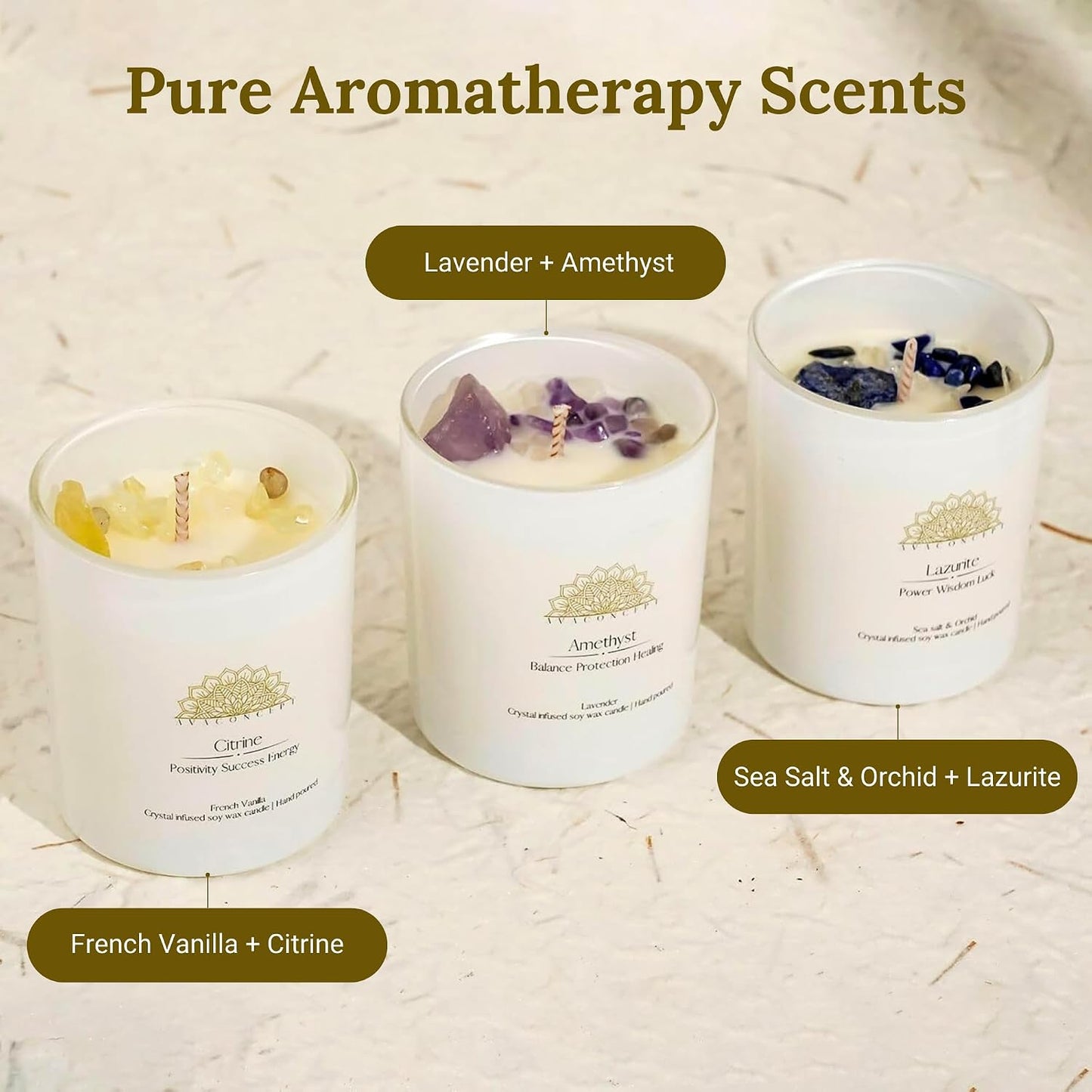 AvaConcept Healing Crystal Candle Gift Set – Set of 3 Citrine, Amethyst & Lazurite Hand-Poured Soy Wax French Vanilla, Lavender & Sea Salt Orchid Aromatherapy Scents 3.5oz Each | Premium Gift Box