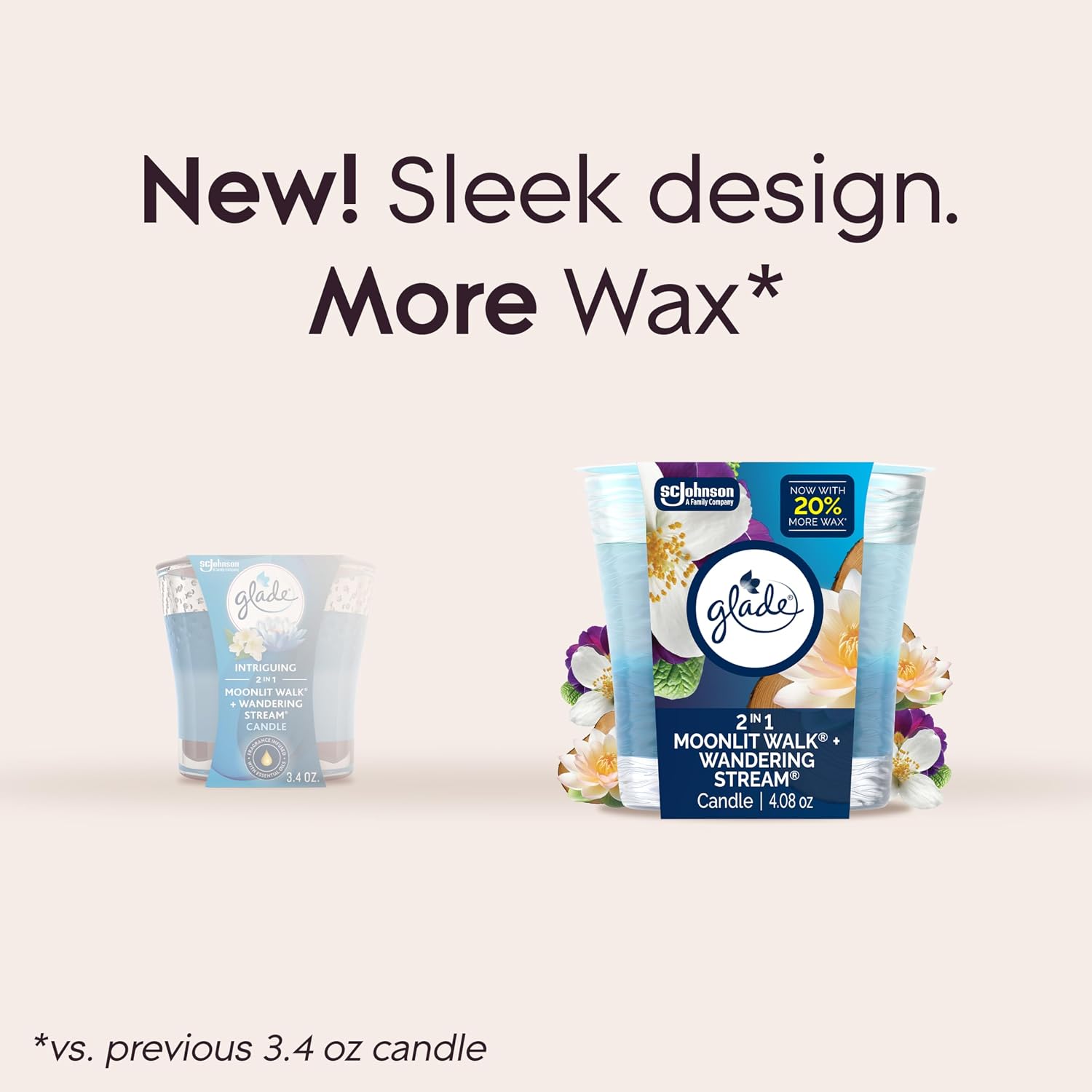 Glade 1-Wick 2in1 Scented Candle Jar, Moonlit Walk & Wandering Stream, Air Freshener Infused with Essential Oils, 4.08 Oz, 2 Count