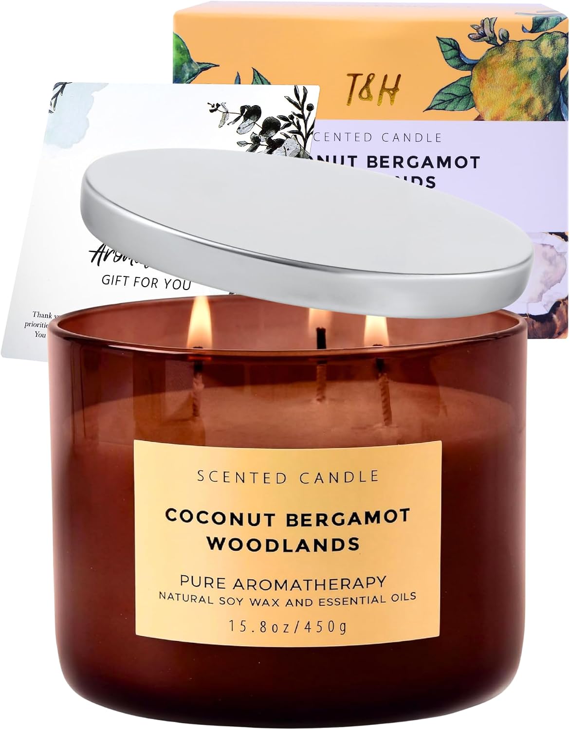 Coconut Bergamot Woodlands 3-Wick Soy Candle | 15.8 oz Large Scented Candle for Home | Clean Burn Long Lasting | Coconut Citrus Floral Scent | Gift Ready