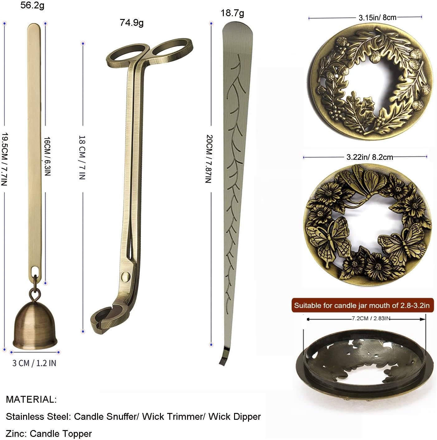 5 Pieces Candle Care Kit with Gift Box, Including Wick Trimmer、Candle Snuffer、2 Candle Toppers and Wick Dipper, Antique Brass Accessories Set for Candle Maintenance & Decoration (Antique Brass)