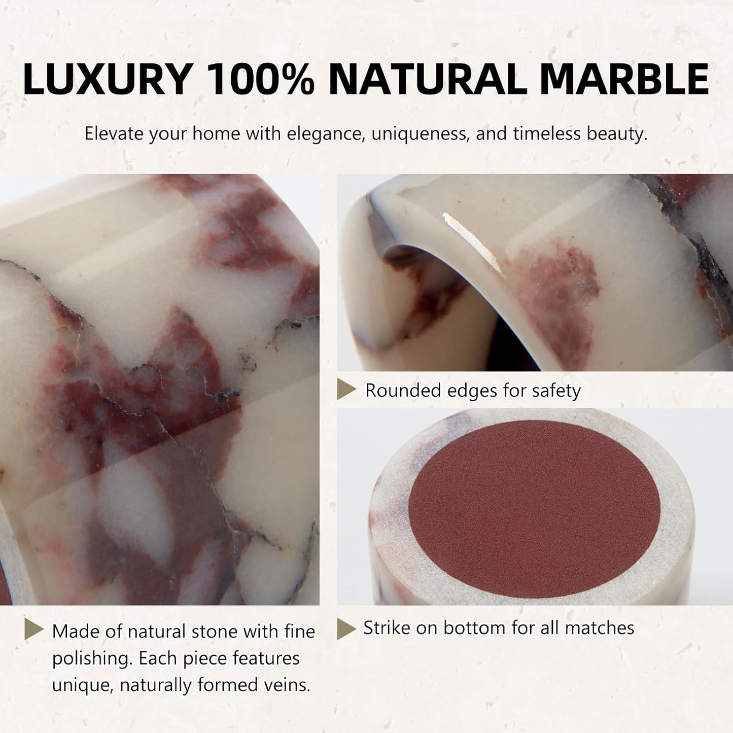 Luxury Natural Marble Match Holder with Striker –Small 2.5" x 2" Calacatta Viola Stone Decorative Matchbox for Bathroom Candles & Fireplace, Cute Match Jar for Home Decor Gift (Matches Not Included)