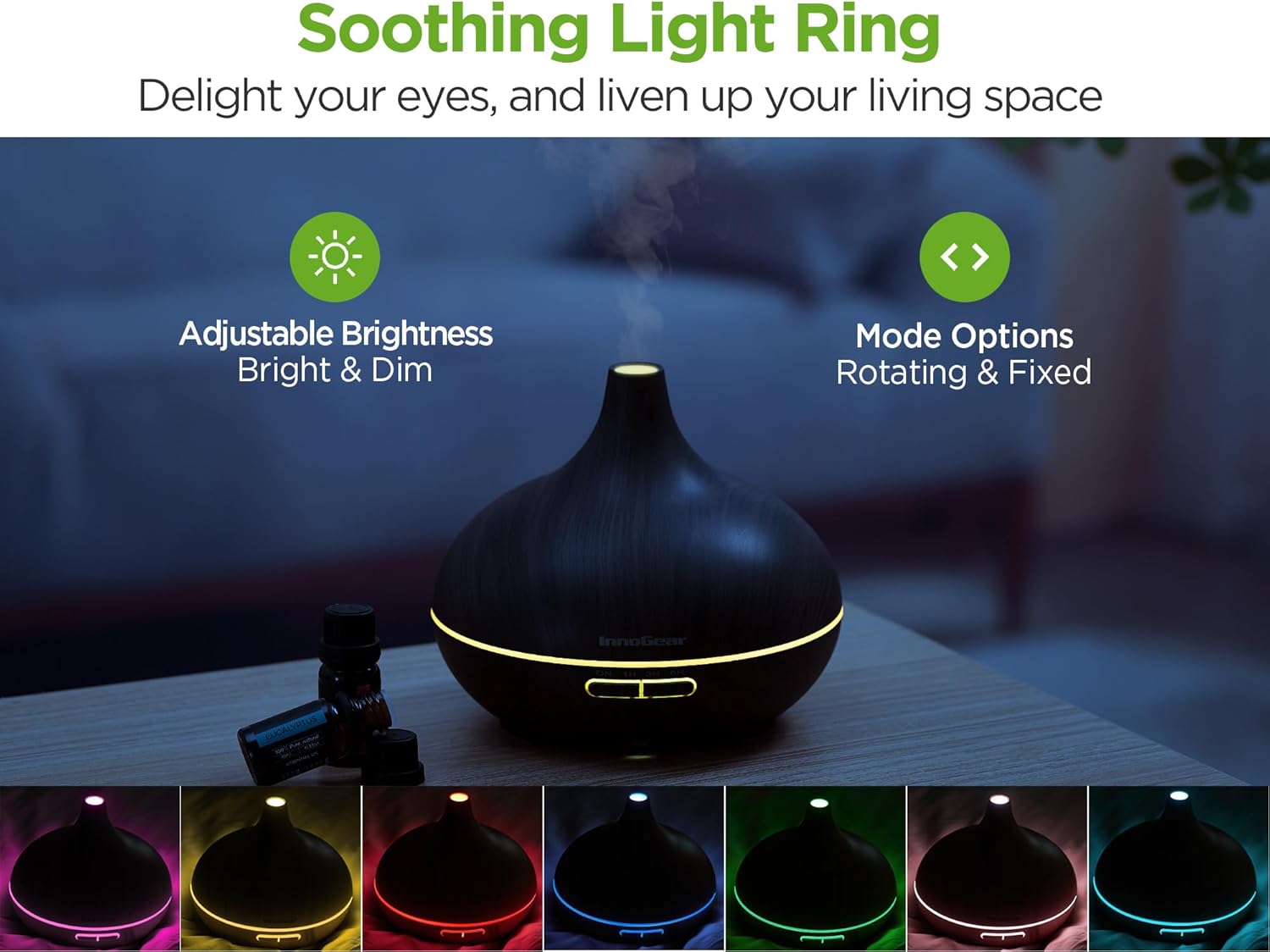InnoGear Aromatherapy Diffuser & 10 Essential Oils Set, 400ml Diffuser Ultrasonic Diffusers for Home Cool Mist Humidifier with 4 Timers 7 Colors Light Waterless Auto Off, Dark Wood Grain