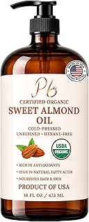 Pomberries Almond Oil 16 fl oz, USDA Organic Cold-Pressed Sweet Almond Oil for Skin, Hair & Body, Premium Organic Carrier Oil in Glass Bottle with Pump, Non-Greasy, Unscented, Hexane-Free