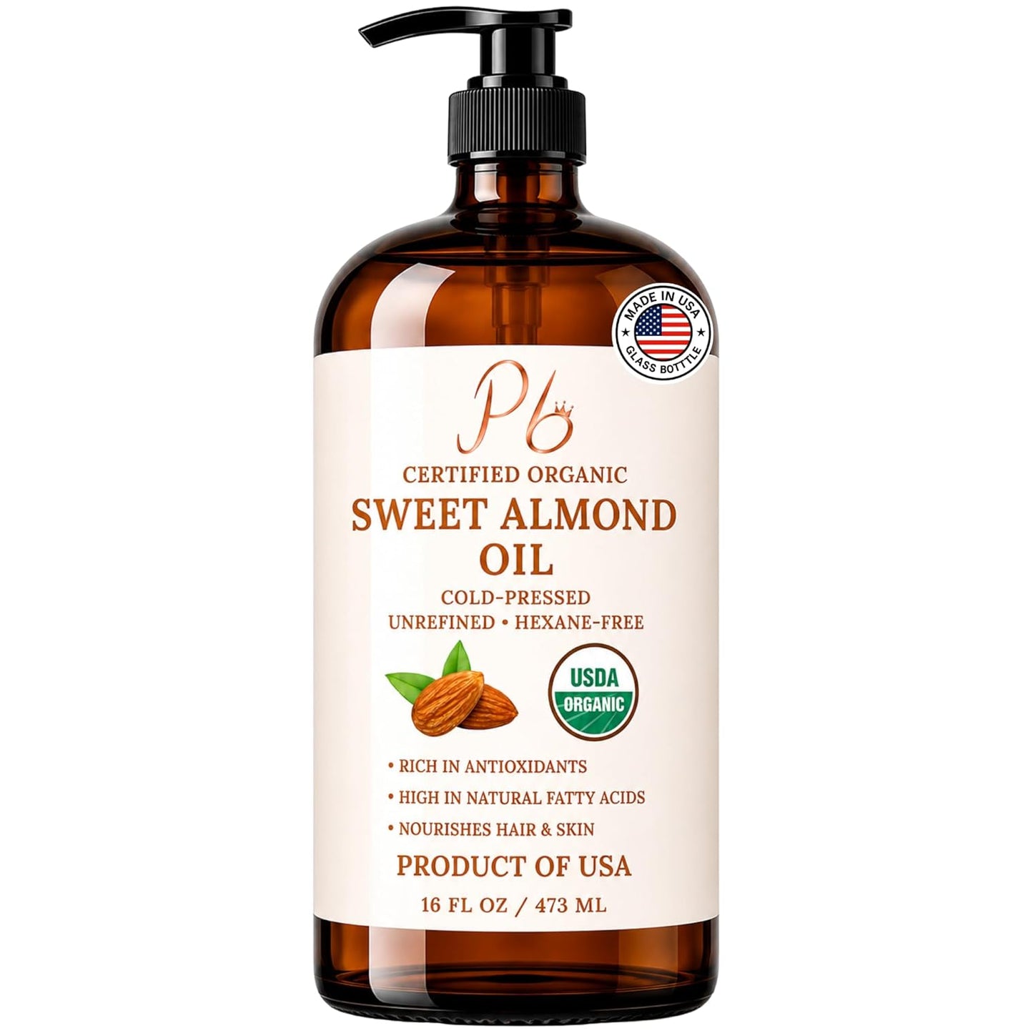 Pomberries Almond Oil 16 fl oz, USDA Organic Cold-Pressed Sweet Almond Oil for Skin, Hair & Body, Premium Organic Carrier Oil in Glass Bottle with Pump, Non-Greasy, Unscented, Hexane-Free