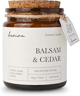 Scented Candle, 7.05 oz Balsam Cedar Aromatherapy Candle, Natural Soy Wax with Wooden Wick, Candles for Home Scented, Stress Relief Amber Jar Candle Gifts