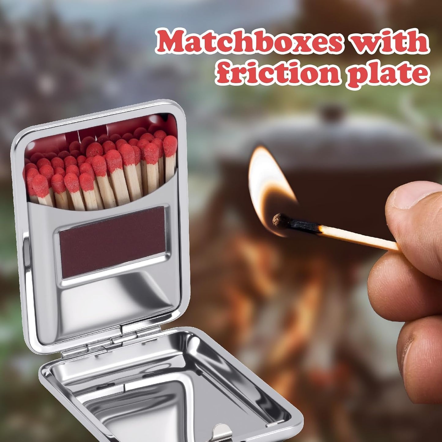 Metal Match Box Case, Portable Matchstick Holder Case with Friction Plate, Reusable Waterproof Stainless Steel Fire Starter with One Button for Outdoor Camping Fireplace - 1 PC, Black