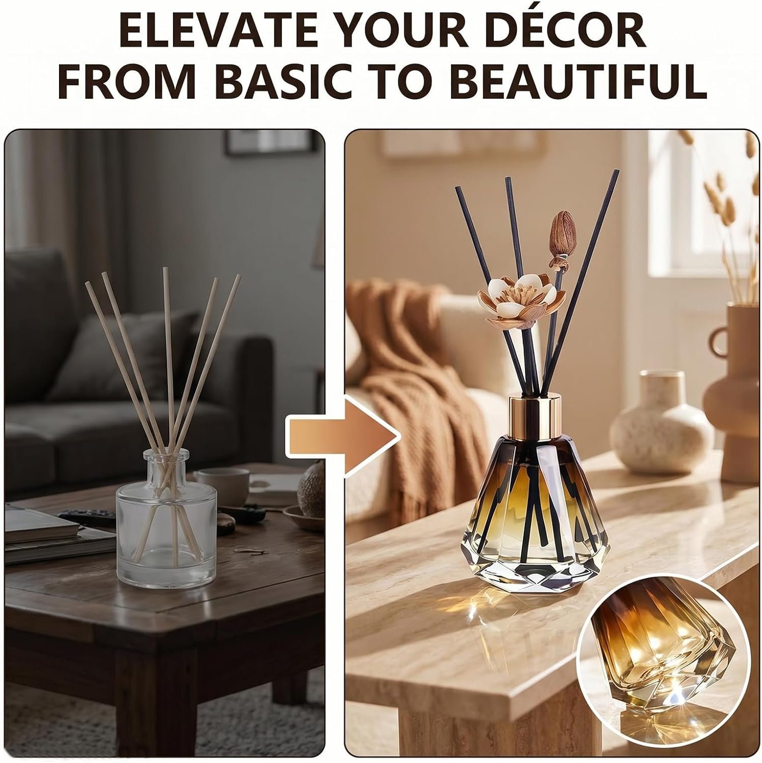 2Pcs 60ml/2oz Diffuser Bottles Empty Refillable Glass Diffusers Jars Aromatherapy Container Fragrance Accessories Use for DIY Replacement Diffuser Sticks Home Bathroom Decor