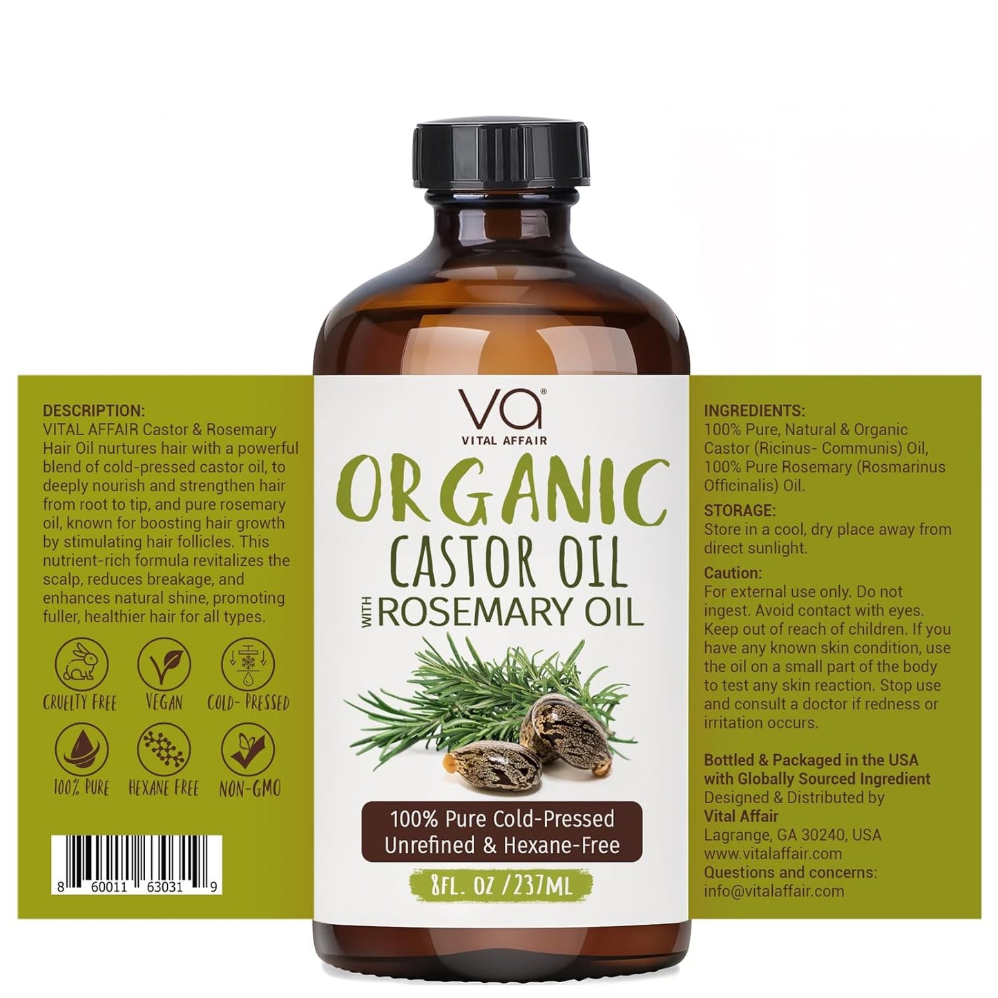VITAL AFFAIR Organic Castor Oil With Rosemary Oil For Hair Growth - 100% Pure Rosemary Hair Oil With Pure Castor Oil Cold Pressed Unrefined Glass Bottle - Strengthening & Volumizing 8 Fl Oz