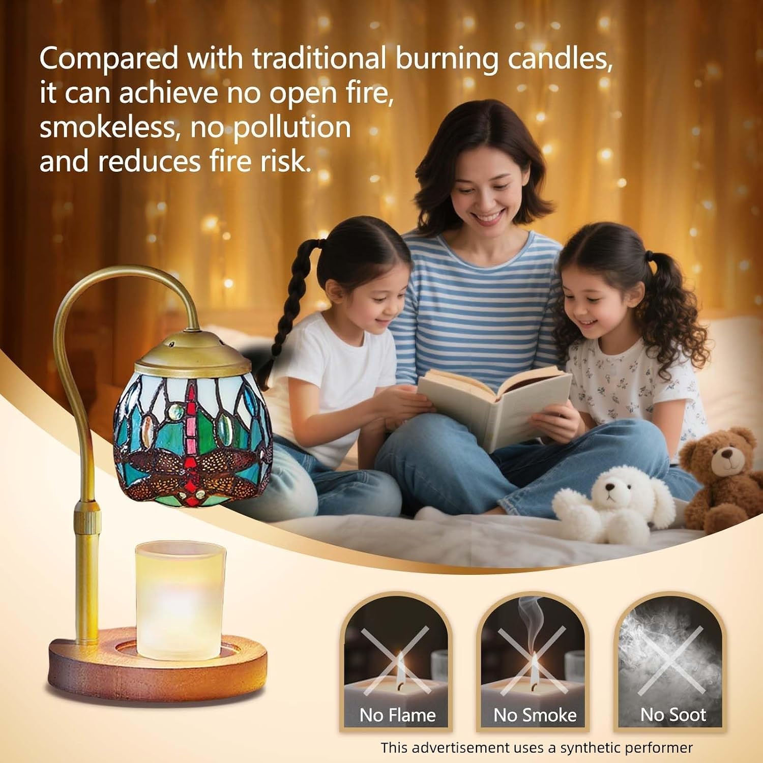 Dragonfly Tiffany Style Candle Warmer Lamp, Adjustable Height Candle Warmer Lamp with Timer and Dimmer, Dimmable Electric Candle Warmer for Scented Wax, Glass Shade, Metal Stem, Wooden Base