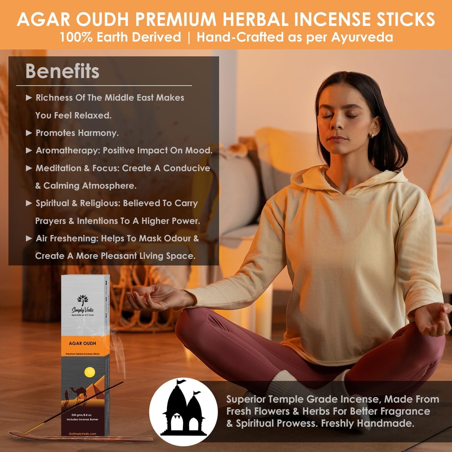 Simply Vedic Agar Oudh Incense Stick (Approx 135 Sticks, 250 Grams) Premium Handmade Agarbatti with Insense Holder| Lasts 45 Minutes| for Aromatherapy, Meditation, Yoga, Home & House Decor- Gift Set