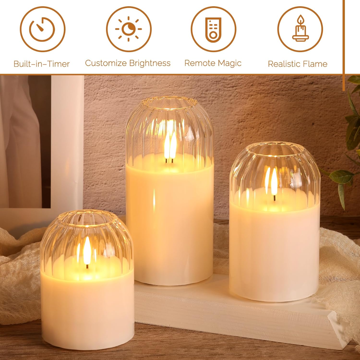 Clear Glass Flameless Candles with Remote, Flickering LED Pillar Candles Battery Powered Ribbed Dome Top Set of 3