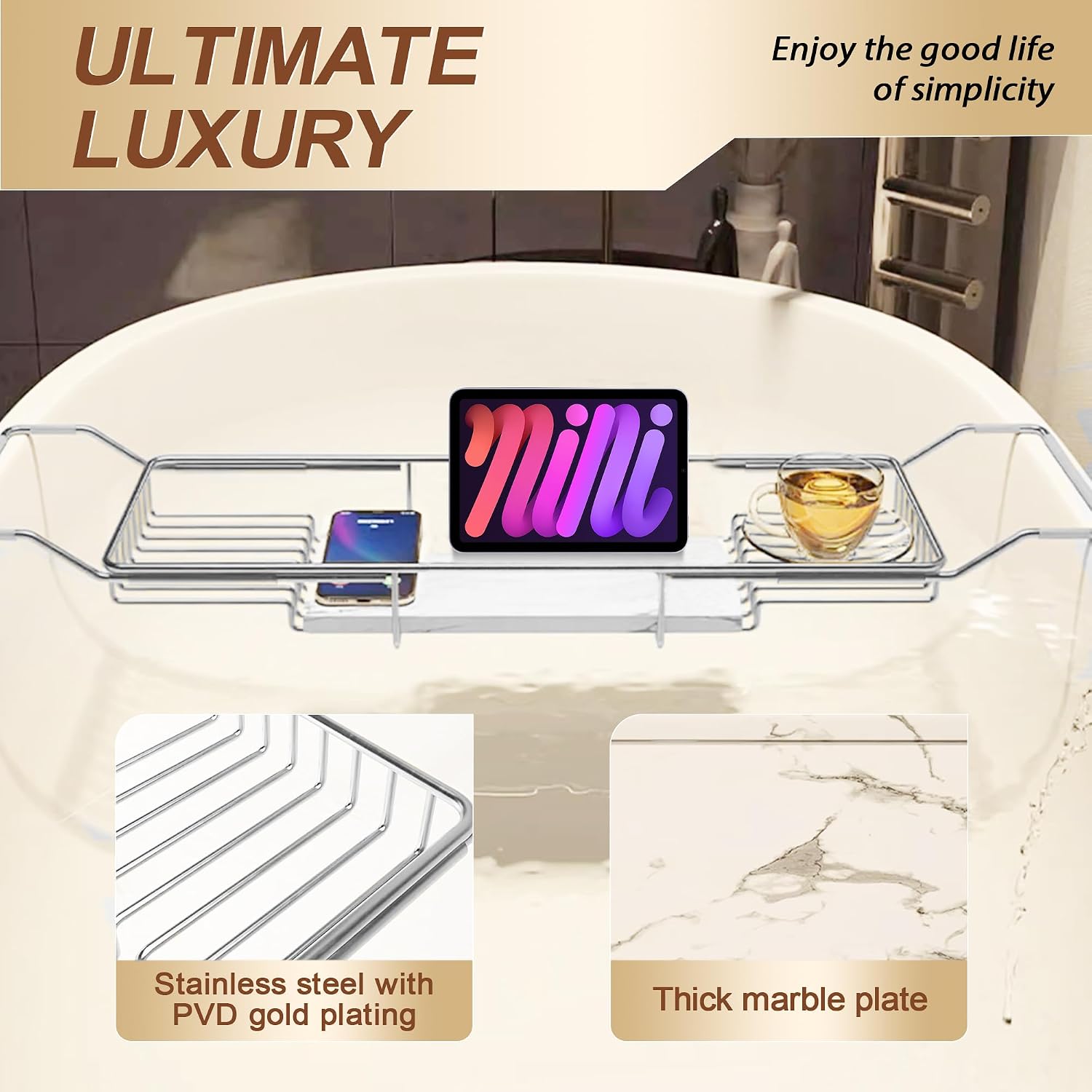 BVL Bathtub Tray Stainless Steel with Marble Base Chrome Bathtub Tray with White Marble Base Adjustable & Rustproof Bath Caddy for Spa, Relaxation, Bath Bombs