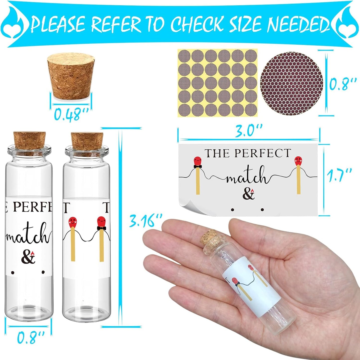 26 Set of Empty Match Jars With Cork Top And 30 Striker Stickers and 30 DIY Wedding Themed Stickers.DIY Bulk Glass Match Holder,Suitable for Guest Gifts,Bridal Shower Party Favors.