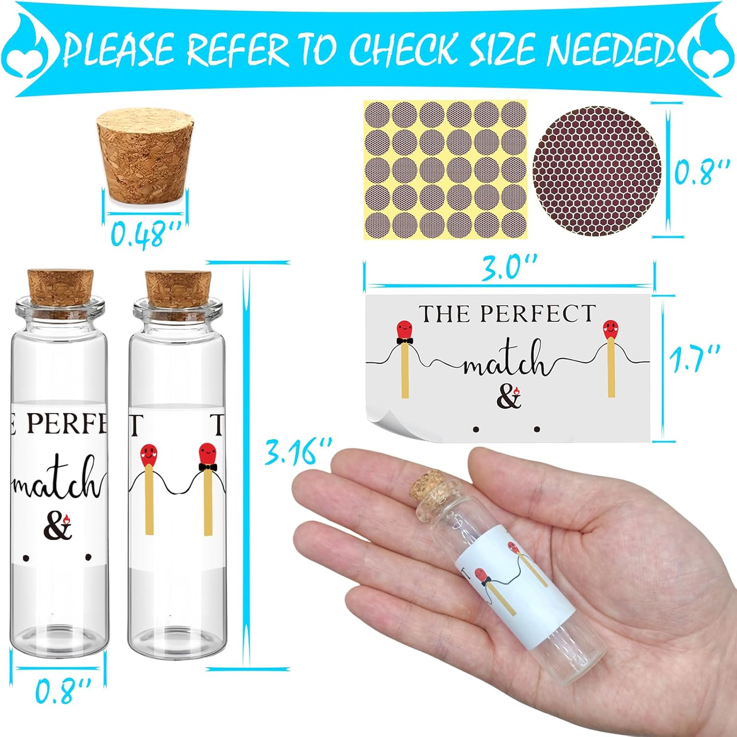 26 Set of Empty Match Jars With Cork Top And 30 Striker Stickers and 30 DIY Wedding Themed Stickers.DIY Bulk Glass Match Holder,Suitable for Guest Gifts,Bridal Shower Party Favors.