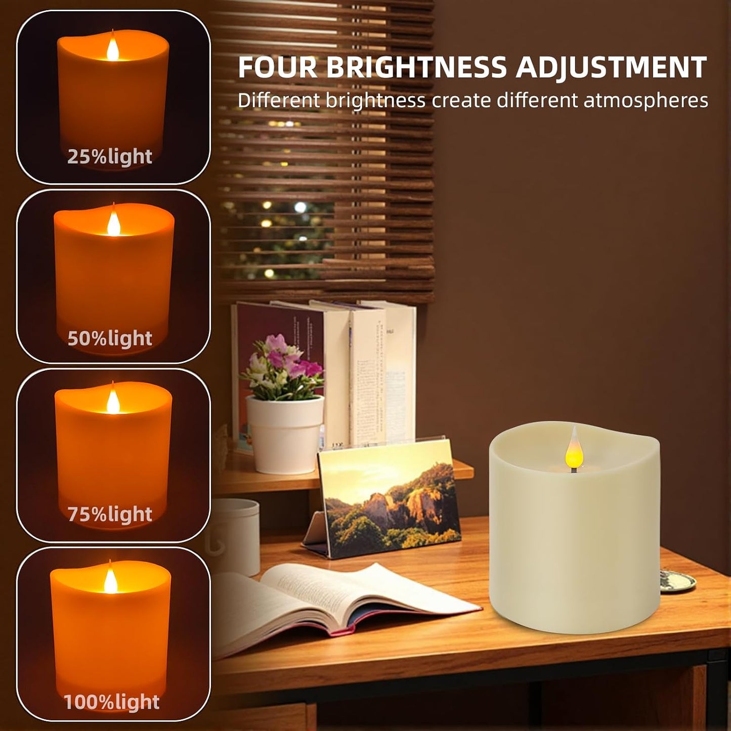 Flameless LED Candle with Remote, 4x4 Inch Battery Operated Plastic Pillar Candle, Realistic Flickering Flame, Timer & Brightness Control, Ivory – Safe for Kids & Pets, Great for Home & Holiday Decor