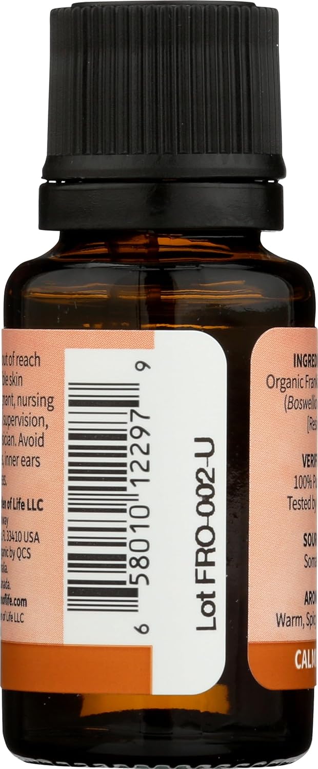 Garden of Life Essential Oil, Frankincense 0.5 fl oz (15 mL), 100% USDA Organic & Pure, Clean, Undiluted & Non-GMO - for Diffuser, Aromatherapy, Meditation, Skincare - Calming, Uplifting, Soothing