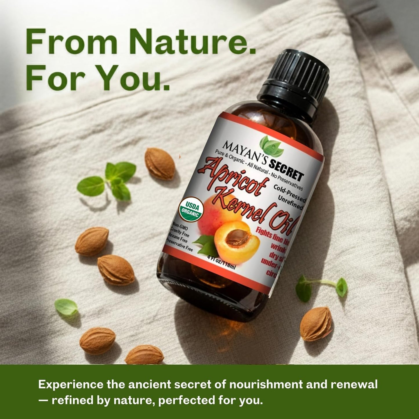 Mayan’s Secret Organic Apricot Kernel Oil – Cold Pressed & Unrefined Moisturizing for Skin, Face, and Hair – Pure Organic Apricot Seed Oil in Amber Glass Bottle with Dropper, 4 oz. - USDA Certified