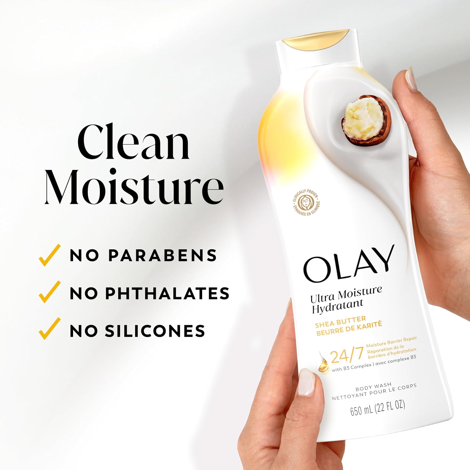 Olay Body Wash for Women, Ultra Moisture, 24hr Moisturizing, Hydrating & Refreshing, B3 Vitamin Complex, Free of Parabens & Phthalates, For All Skin Types, Shea Butter Scent, 22 fl oz