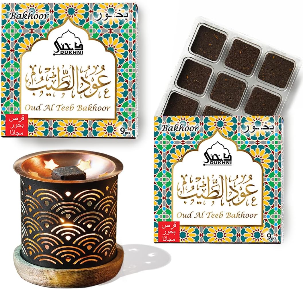 Oud Al Teeb Bakhoor Set by Dukhni | 2 x 9 Piece Each & Rainbow Bakhoor Burner | Arabic Bakhoor Incense | Sweet Fruity Oud Blend | Perfect for Prayer Time | to Relax & Meditate