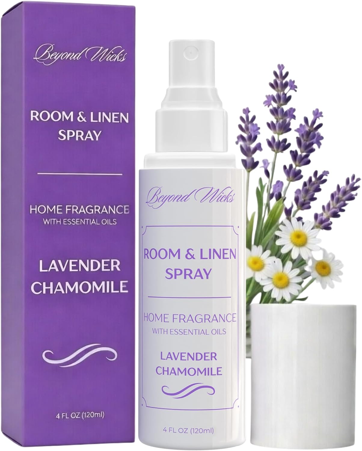 Lavender & Chamomile Room and Linen Spray – Lavender Room Spray with Essential Oils – Air Freshener Spray – 4 fl oz (120 ml) by Beyond Wicks