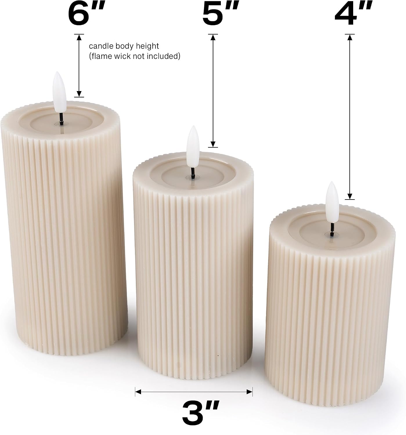 Fluted Ribbed LED Pillar Candles, Cream Beige, with Realistic Reflective Melted-Wax Effect – Flickering Flame, Remote, Dimmable, Flameless, Battery Operated, Home & Wedding Decor (Set of 3)