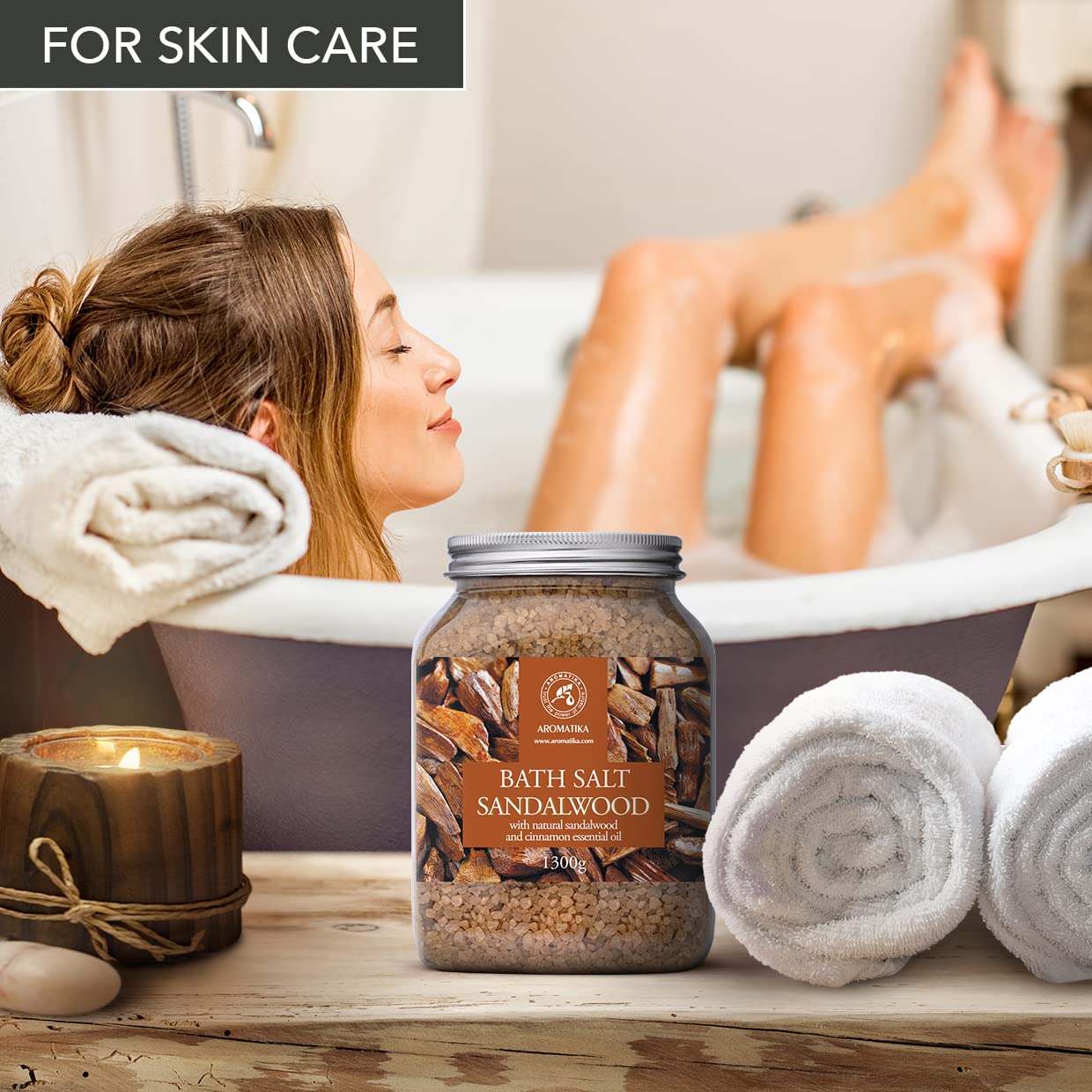 Bath Sea Salt Sandalwood 46 Oz (1300g) - Bath Salts with Sandalwood & Cinnamon Essential Oil for Bath Soak - Relaxing Bath - Muscle Relaxation - Aromatherapy Bath Salts - Sea Salt Bath