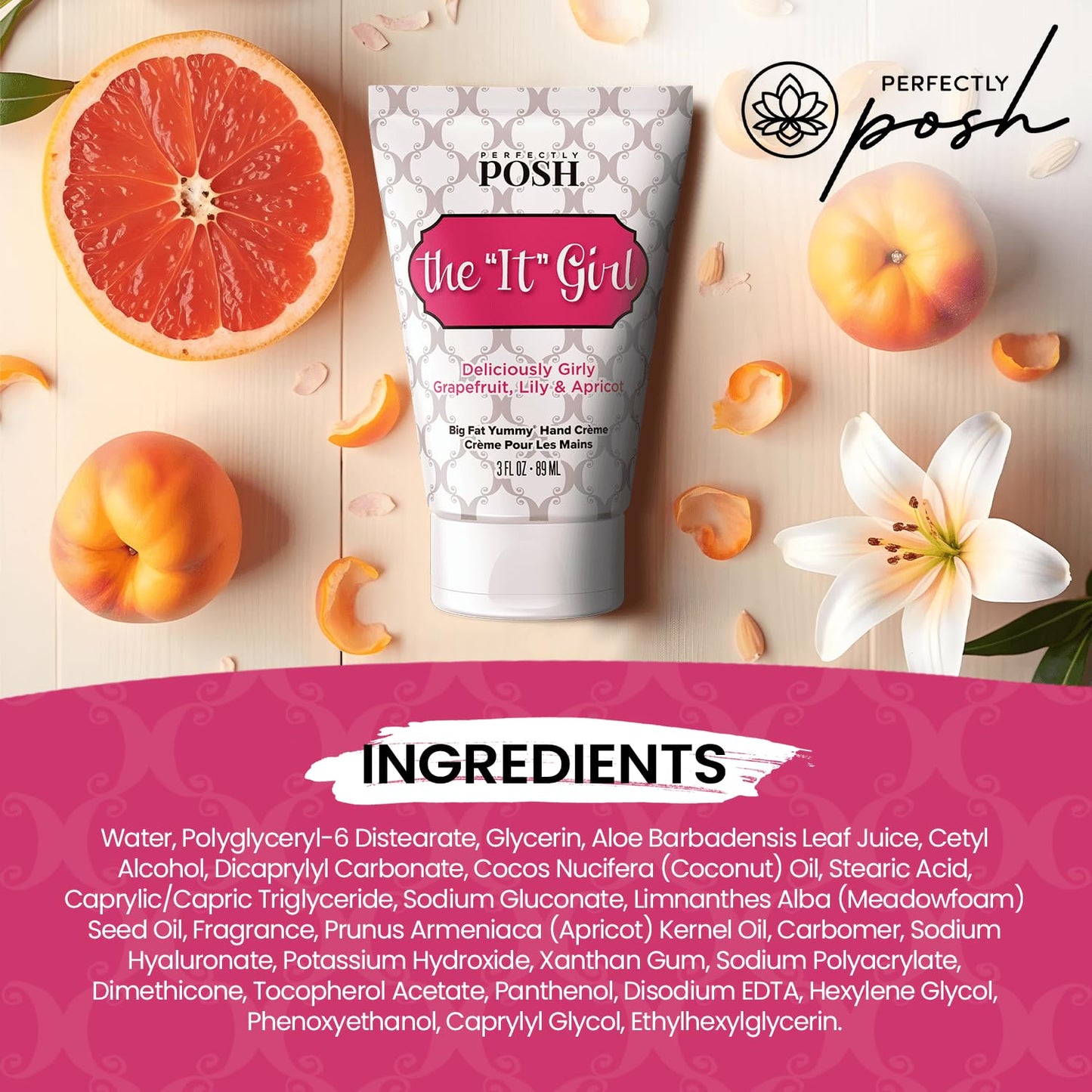 Perfectly Posh - It Girl Big Fat Yummy Hand Crème - Non-Greasy Hand Cream with Apricot Kernel Oil, Coconut Oil and Floral Citrus Scent - 89ml