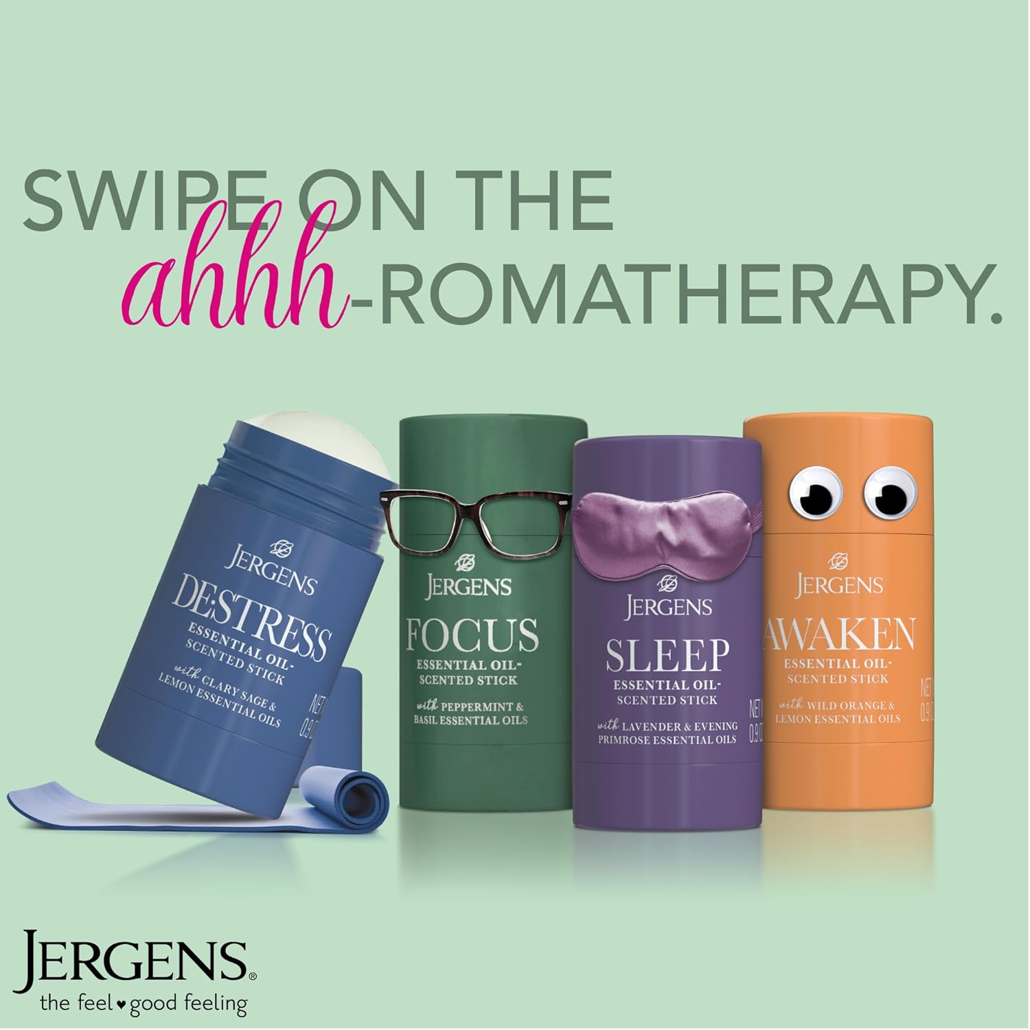 Jergens Focus Essential Oil-Scented Stick, Aromatherapy Stick Crafted with Peppermint and Basil Essential Oils, 0.9 Oz
