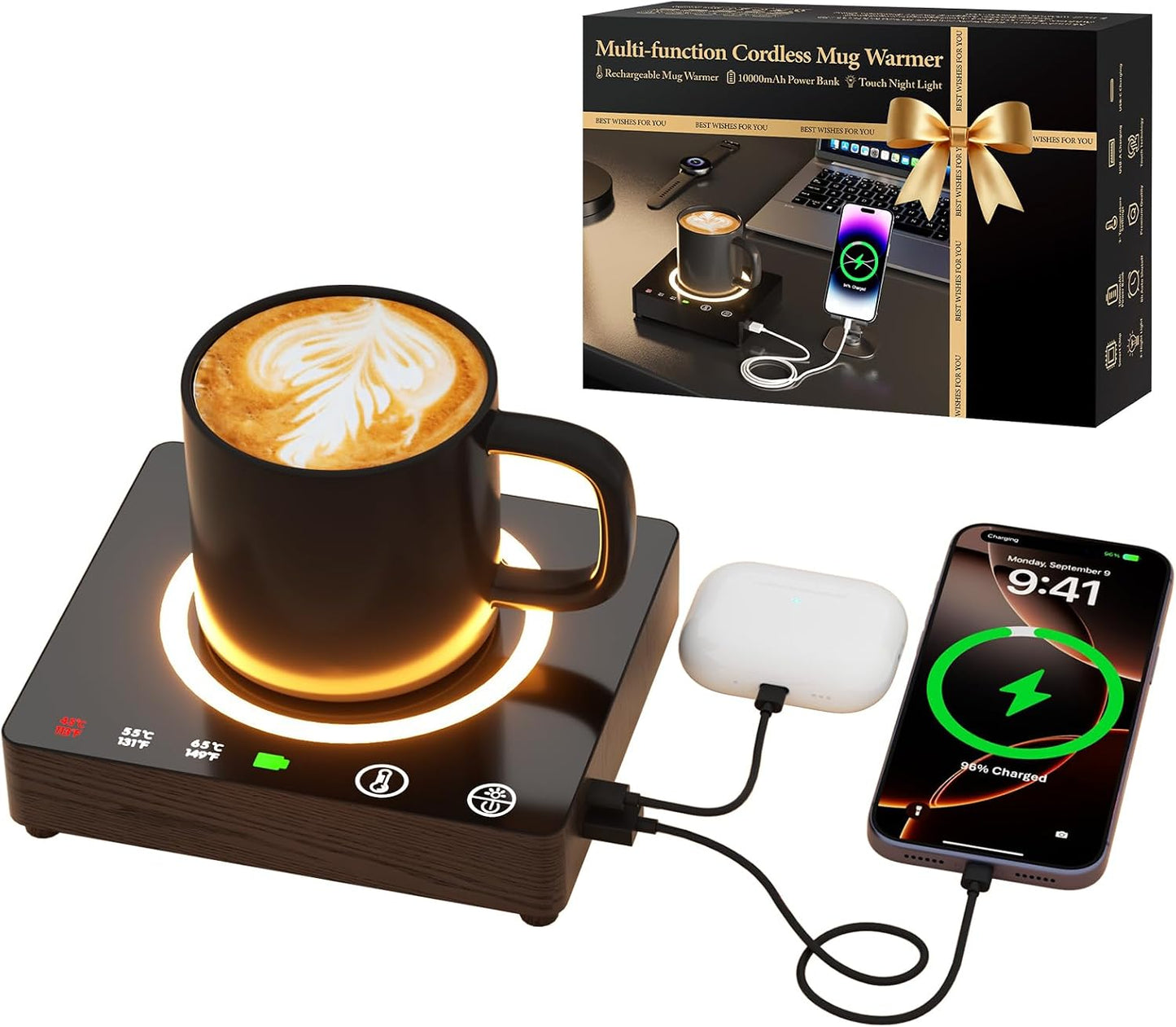 Mug Warmer, Cordless 180 Min Battery Life, 10000mAh Portable Charger, Wireless Coffee Cup Warmer for Desk, 3 Temp Settings, Smart Candle Heat Plate for Home, Office, Travel, Camping & Gifts for Men