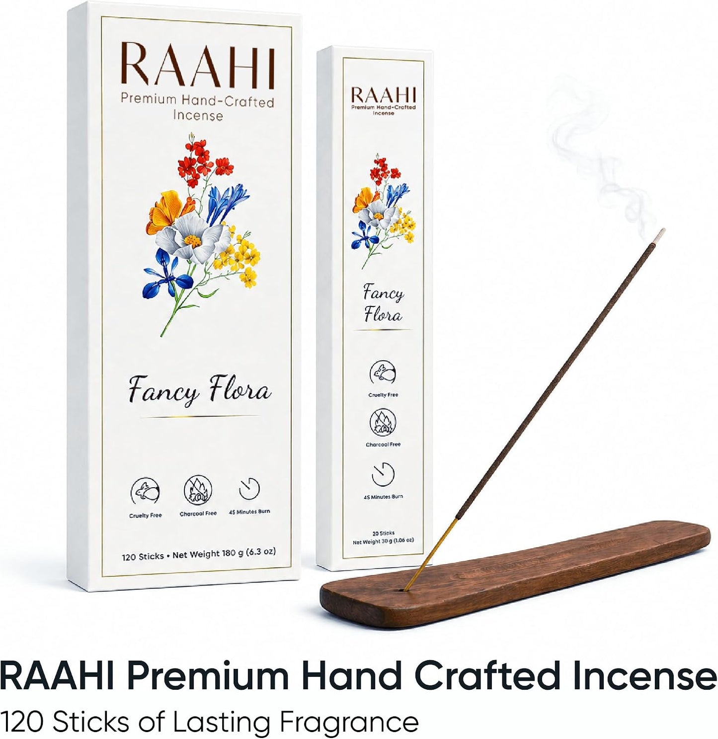 RAAHI Fancy Flora Incense Sticks with Holder, 120 Count, Handcrafted Scented Incense for Home Fragrance, Meditation, Yoga and Room Ambiance