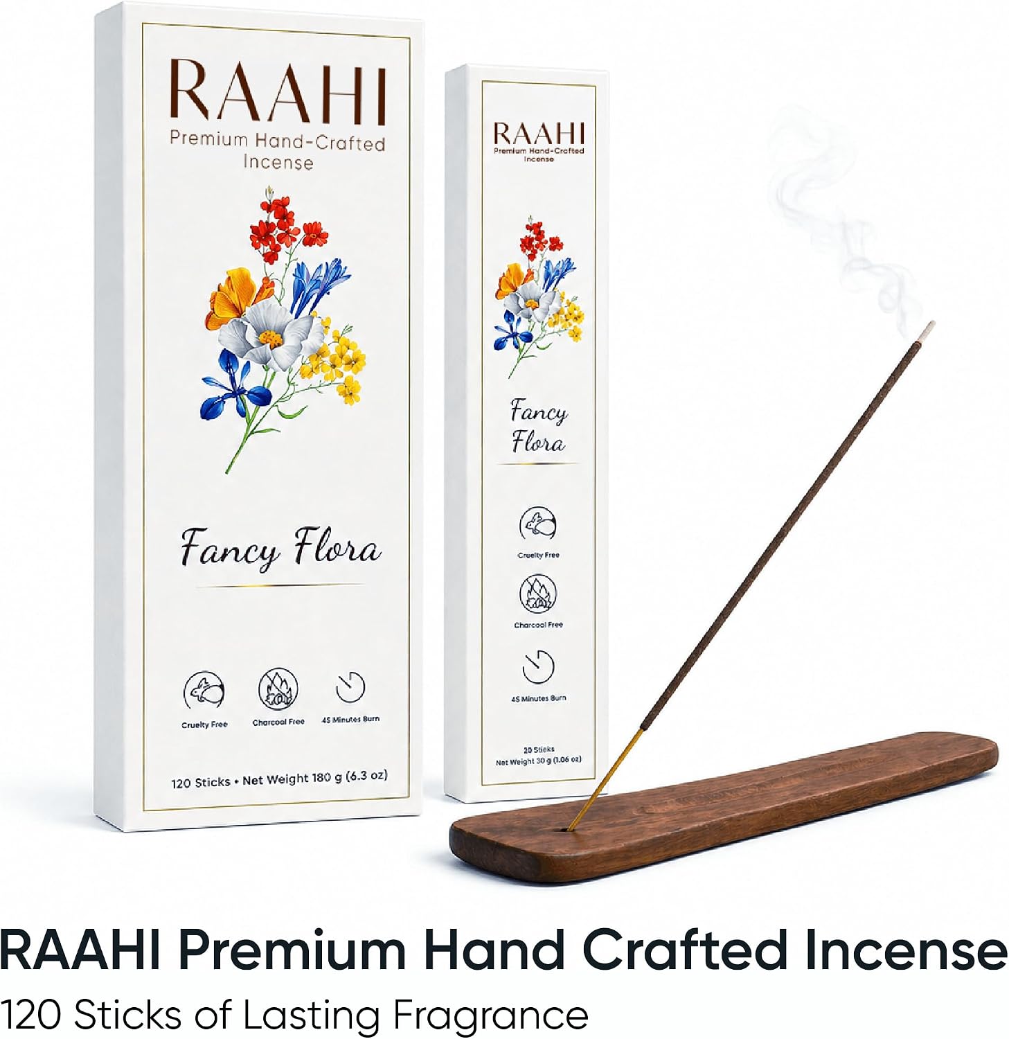 RAAHI Fancy Flora Incense Sticks with Holder, 120 Count, Handcrafted Scented Incense for Home Fragrance, Meditation, Yoga and Room Ambiance