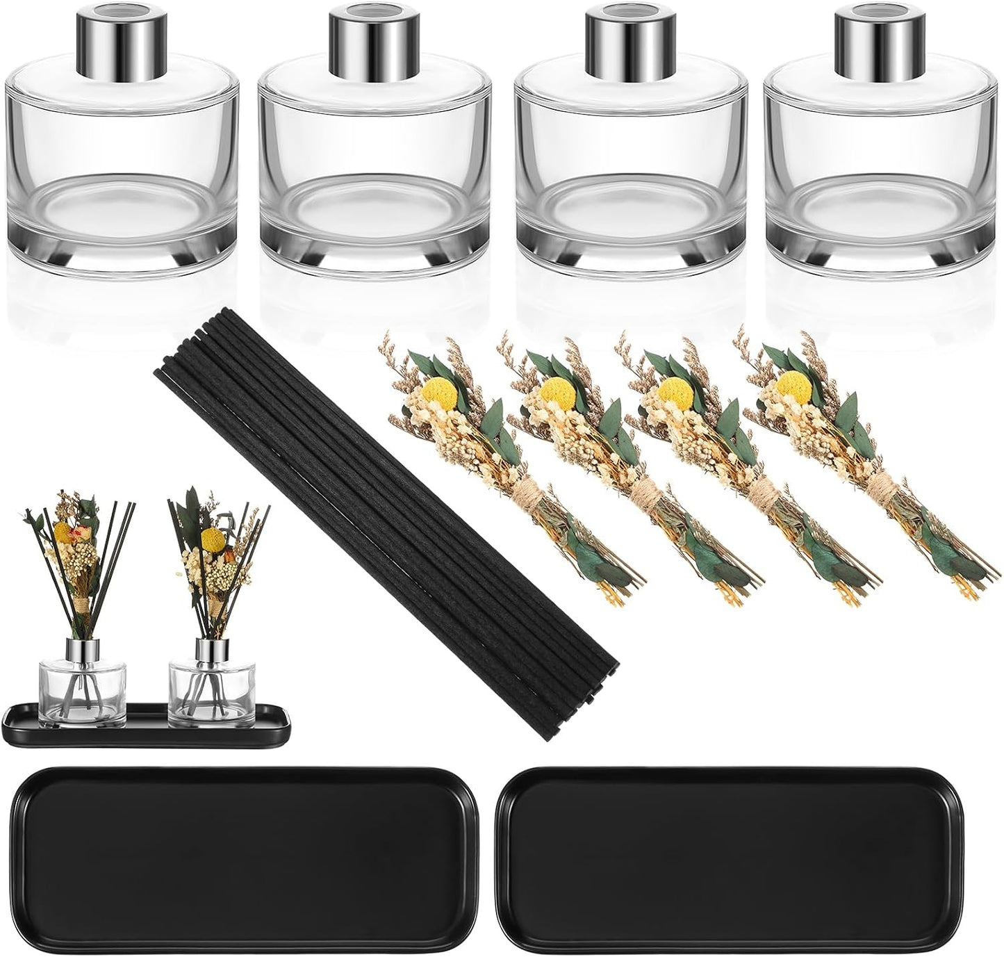Rtteri 4 Pcs Refillable Diffuser Bottles with 40 Pcs Reeds Sticks 5 oz Empty Fragrance Glass Diffuser Bottles with Lids Baby's Breath Decor Black Ceramic Tray for Home Bathroom Office Men Women Gift