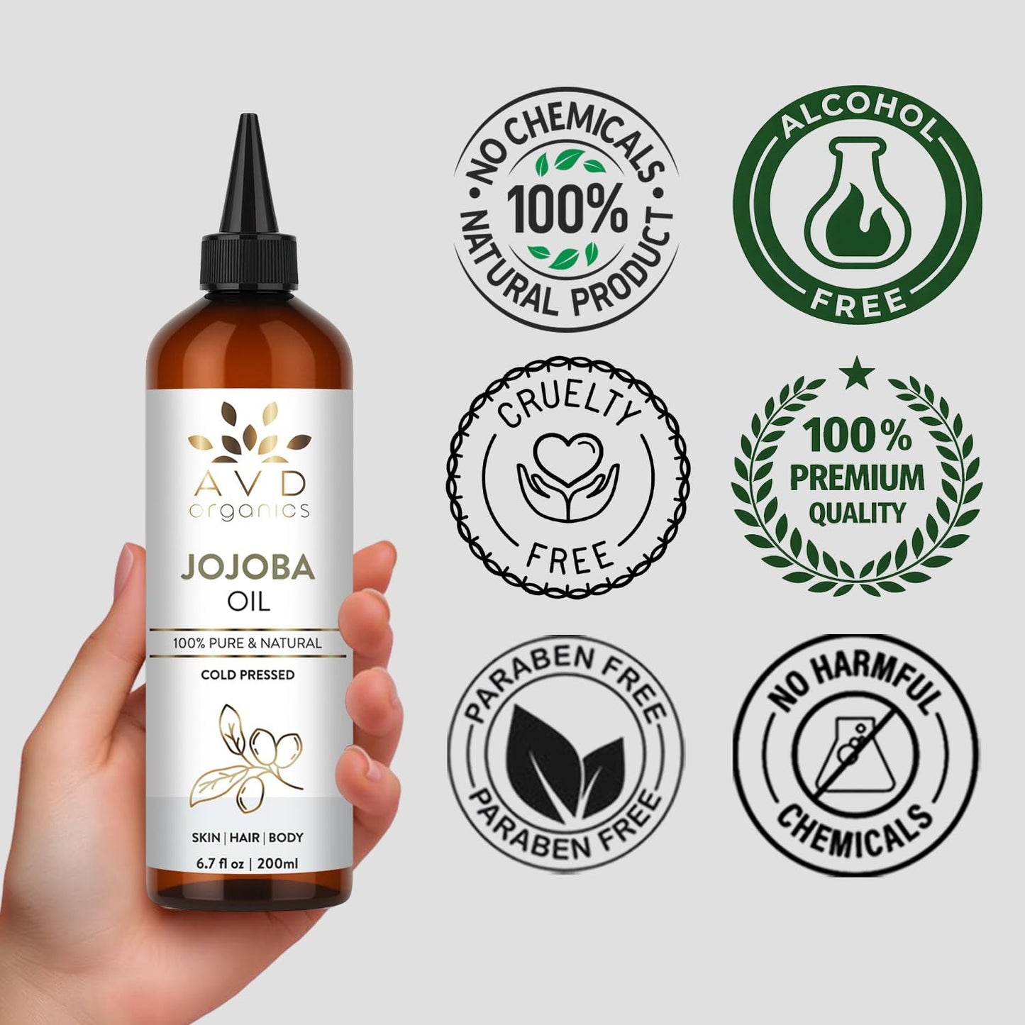 AVD ORGANICS Jojoba Oil for Skin | 100% Pure (6.7 fl oz) Cold Pressed Unrefined Hexane Free | Moisturizing for Face, Hair, Skin & Nails | 200ML