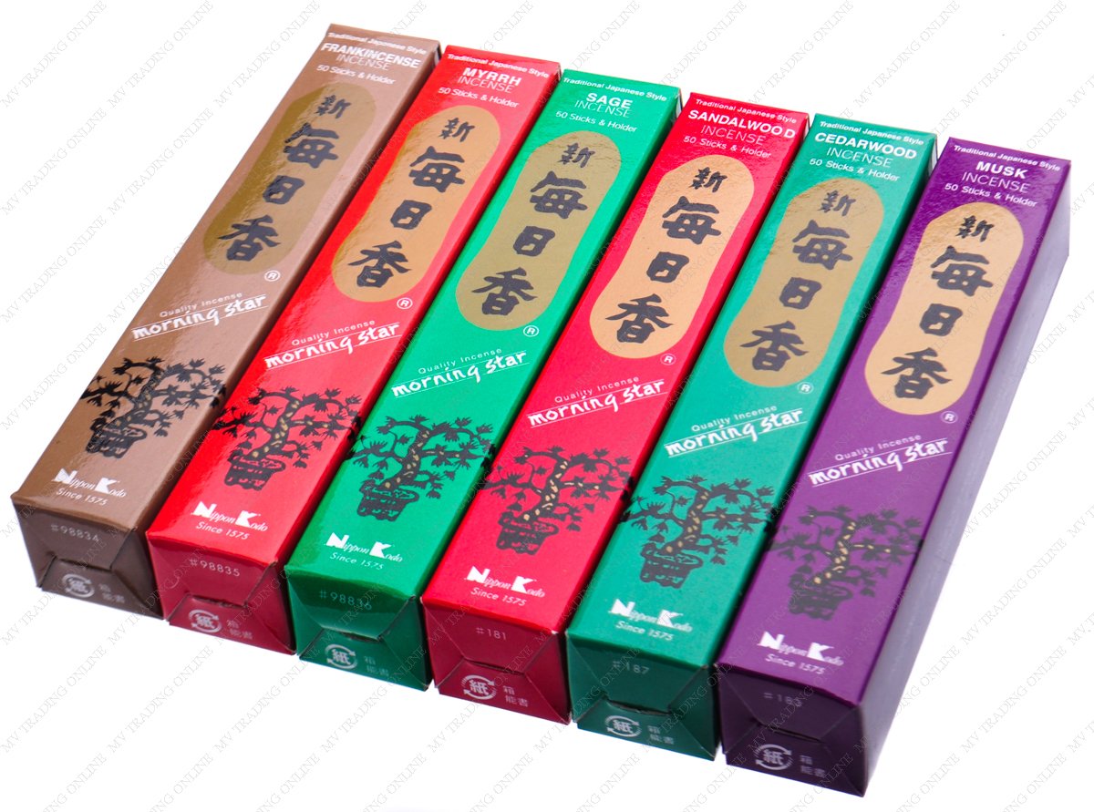 Morning Star Sandlewood Scent Japanese Incense Sticks, 6 Box of 50 Sticks (Sage, Sandalwood, Cedarwood, Musk, Frankincense and Myrrh)