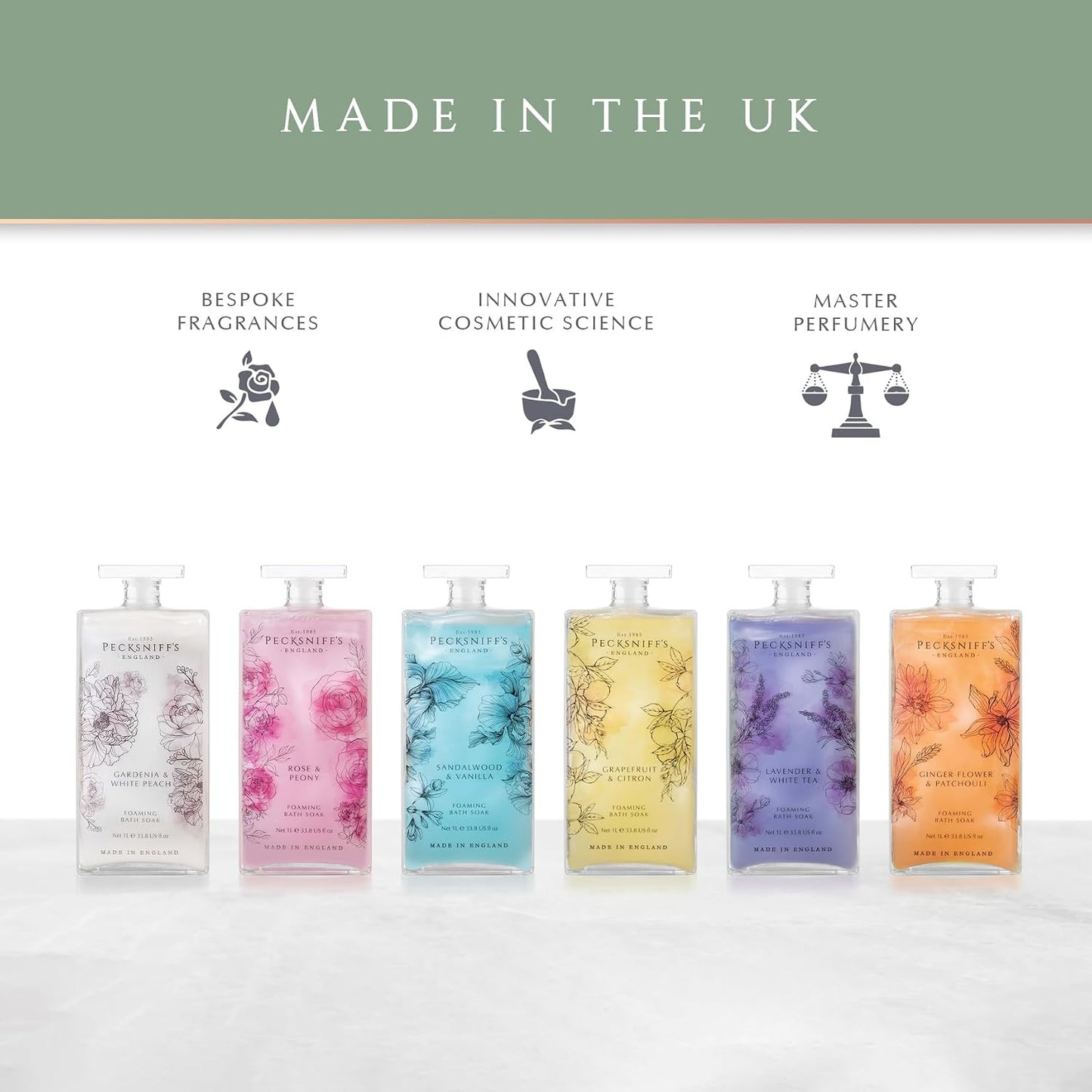 Pecksniff’s Lavender & White Tea Foaming Bath Soak – Luxury Bubble Bath, 1L / 33.8 fl oz, Made in England
