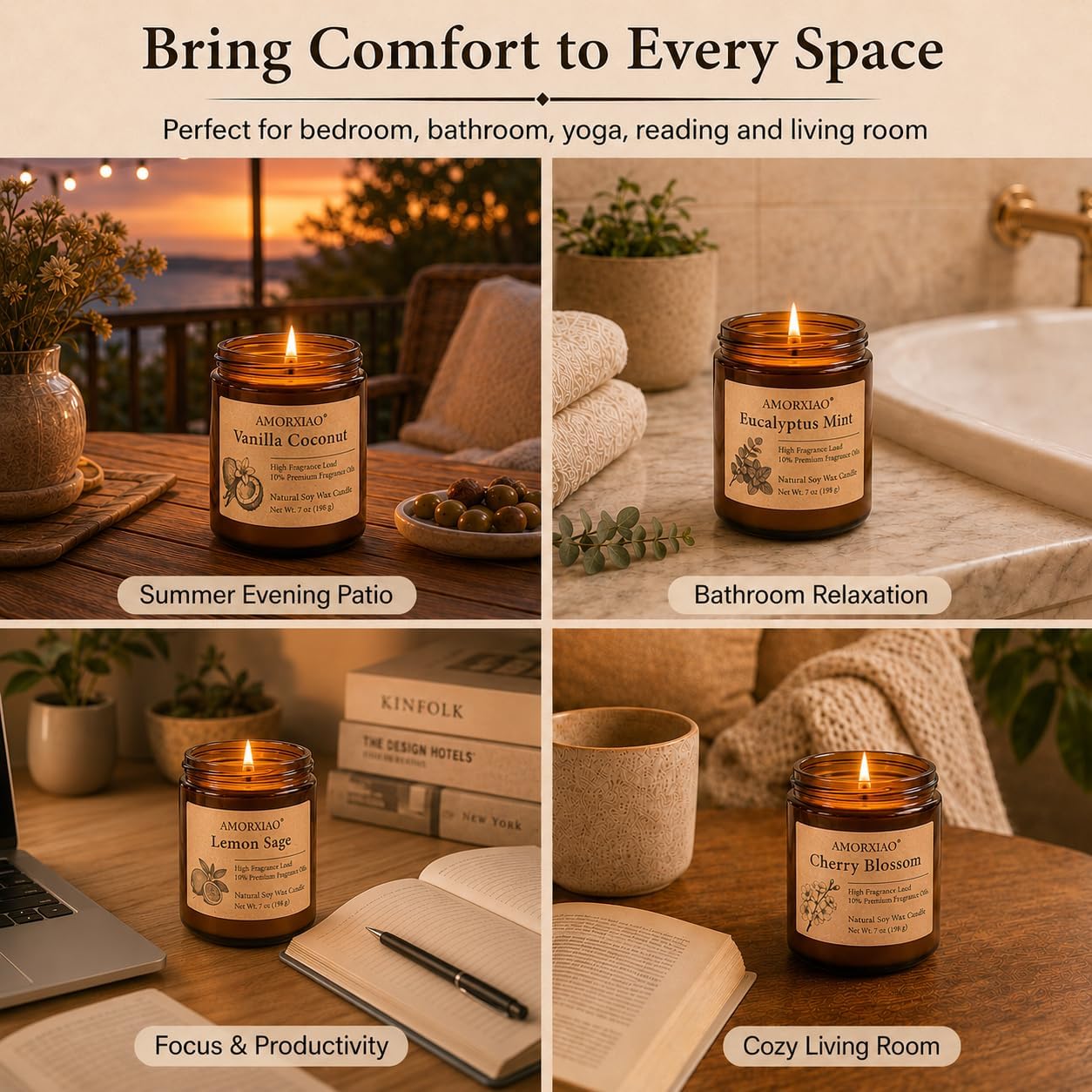 6 Pack Scented Candles for Home Scented: Soy Candles for Women Men, 42oz 300H Burning Aromatherapy Candle Set, Jar Candle Gift Set for Birthday, Scents of Eucalyptus/Sage/Cherry/Ocean/Melon/Vanilla