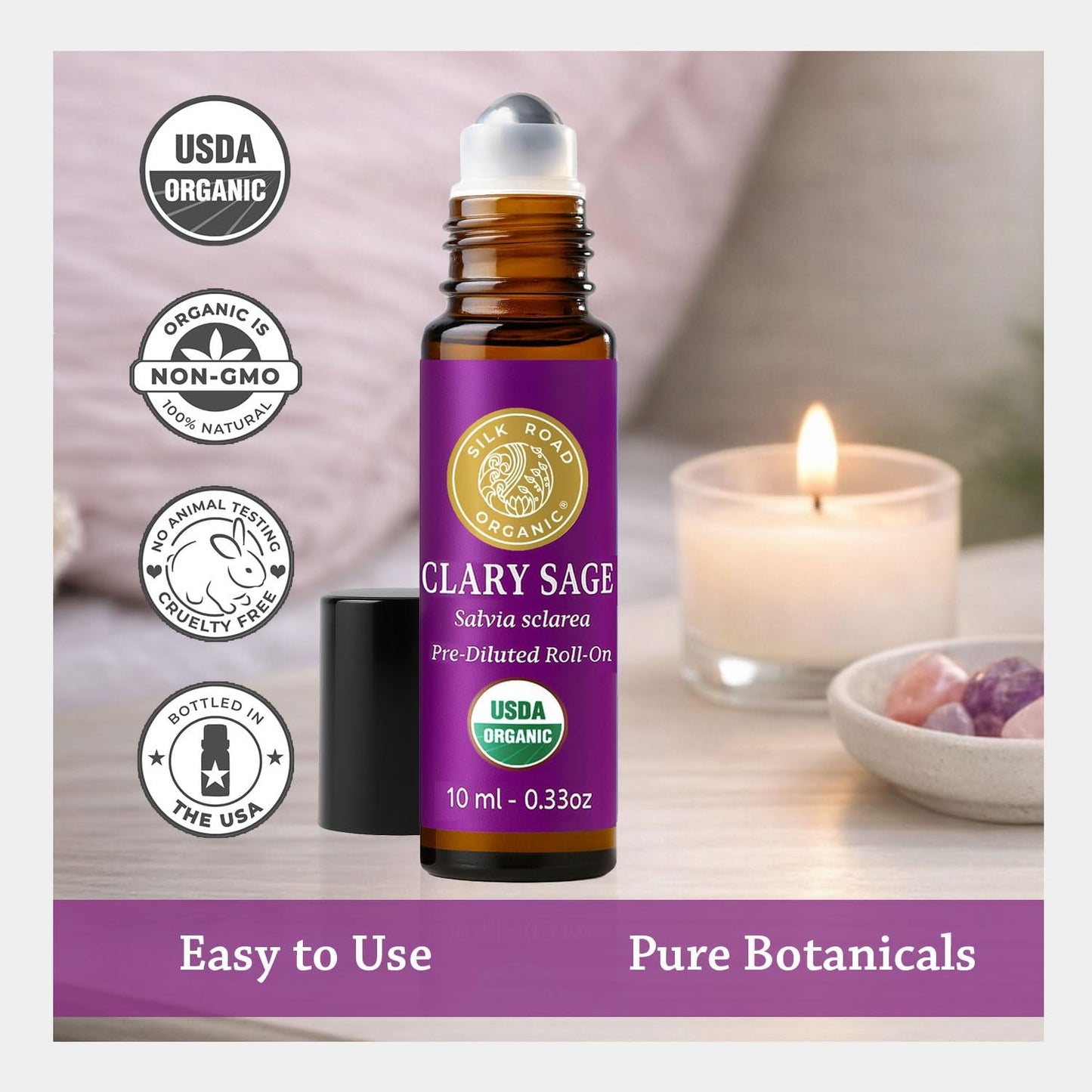 Silk Road Organic Clary Sage Essential Oil Roll On, 100% Pure USDA Certified Aromatherapy for PMS, Stress & Mental Clarity - 10 ml Roller - Always Pure, Always Organic