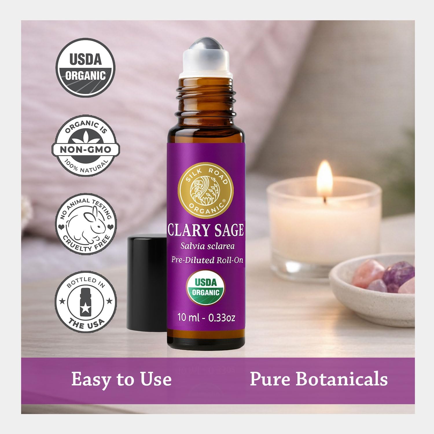Silk Road Organic Clary Sage Essential Oil Roll On, 100% Pure USDA Certified Aromatherapy for PMS, Stress & Mental Clarity - 10 ml Roller - Always Pure, Always Organic