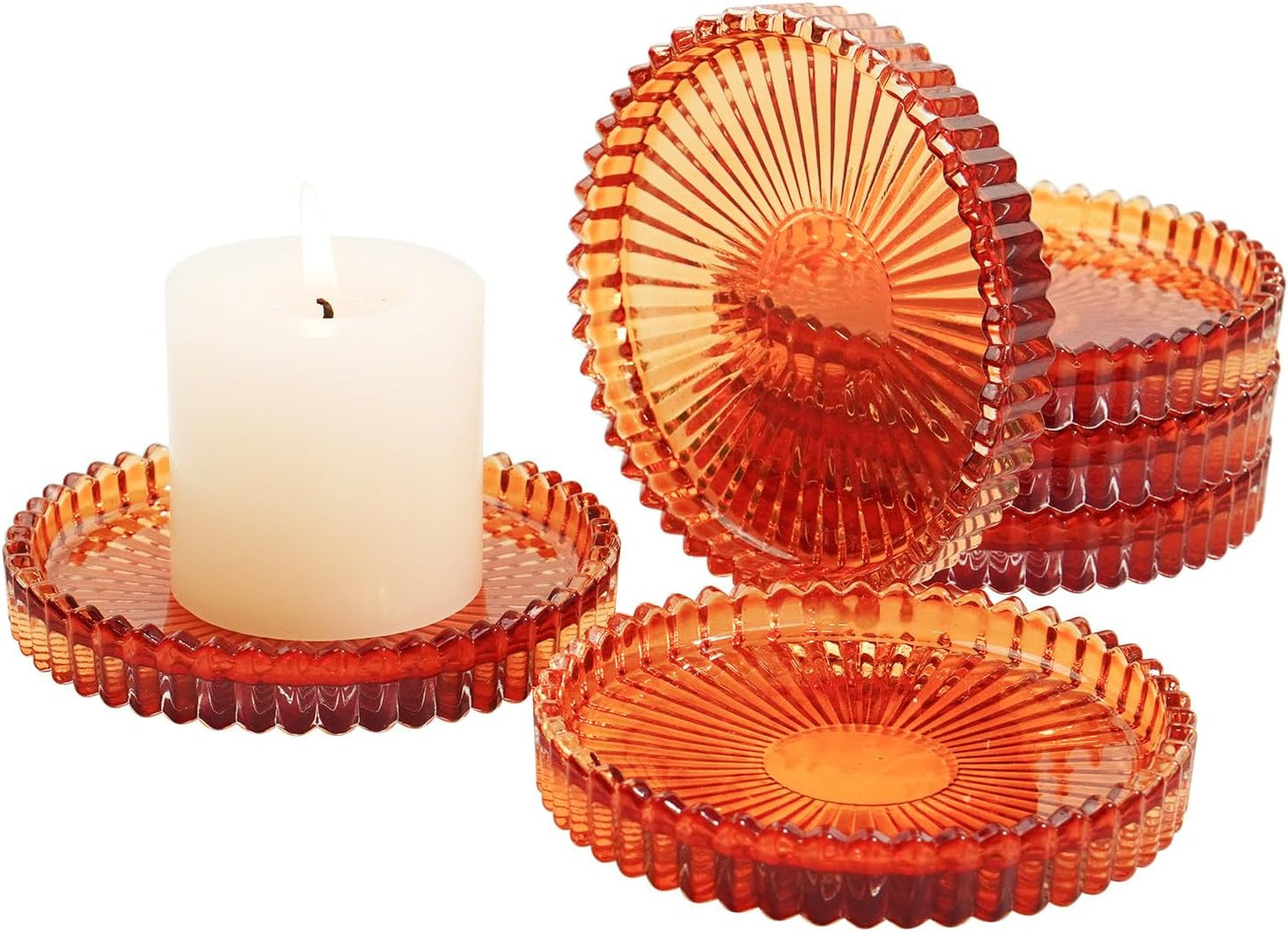 Candlestick Glass Candle Holder Plates Set of 6, Round Glass Candle Tray Plates for Dining Wedding Lantern Festival Party Evening Light, Amber