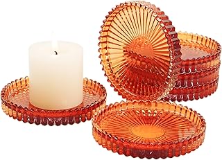 Candlestick Glass Candle Holder Plates Set of 6, Round Glass Candle Tray Plates for Dining Wedding Lantern Festival Party Evening Light, Amber
