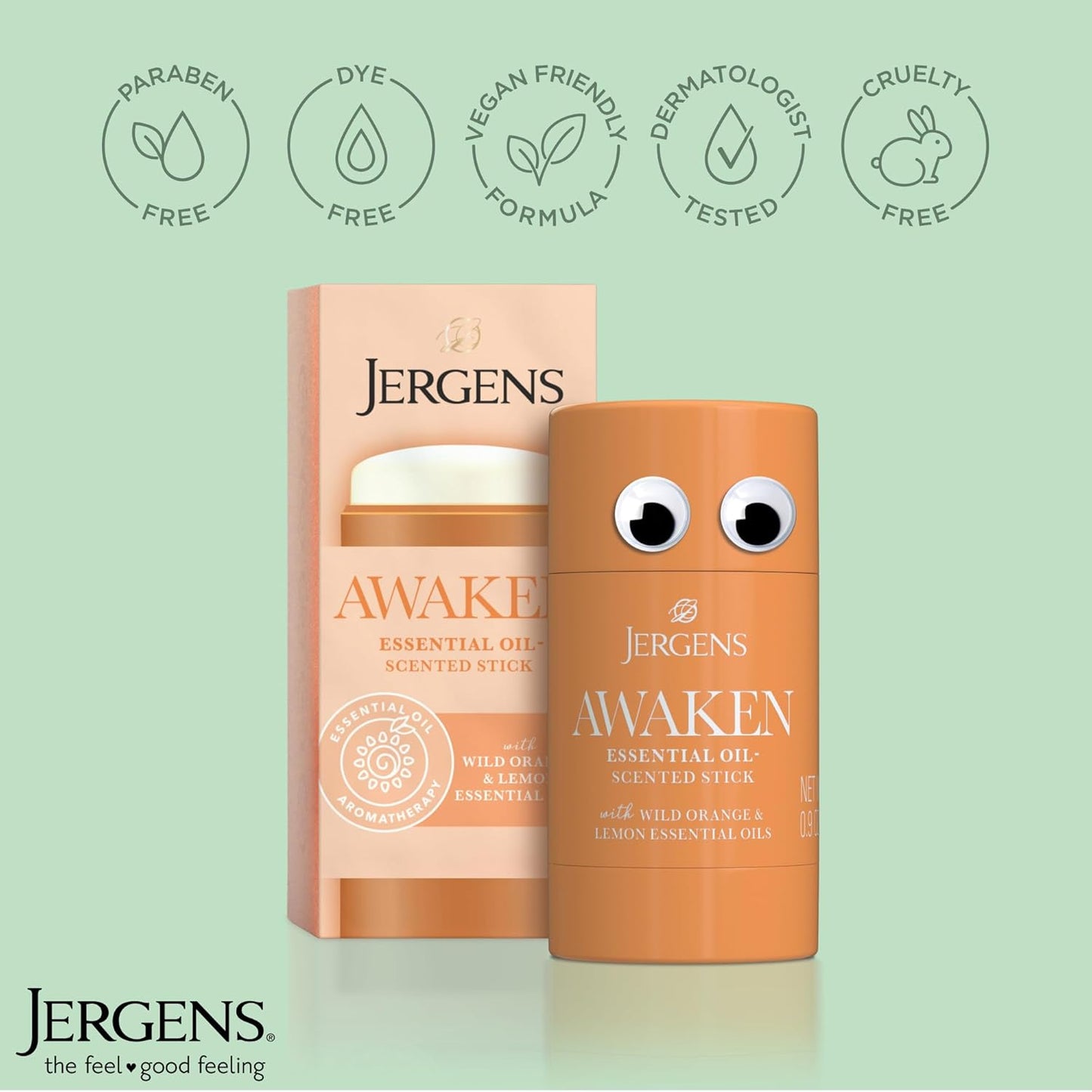 Jergens Awaken Essential Oil-Scented Stick, Calming Aromatherapy Stick with Wild Orange and Lemon Essential Oils, 0.9 Oz