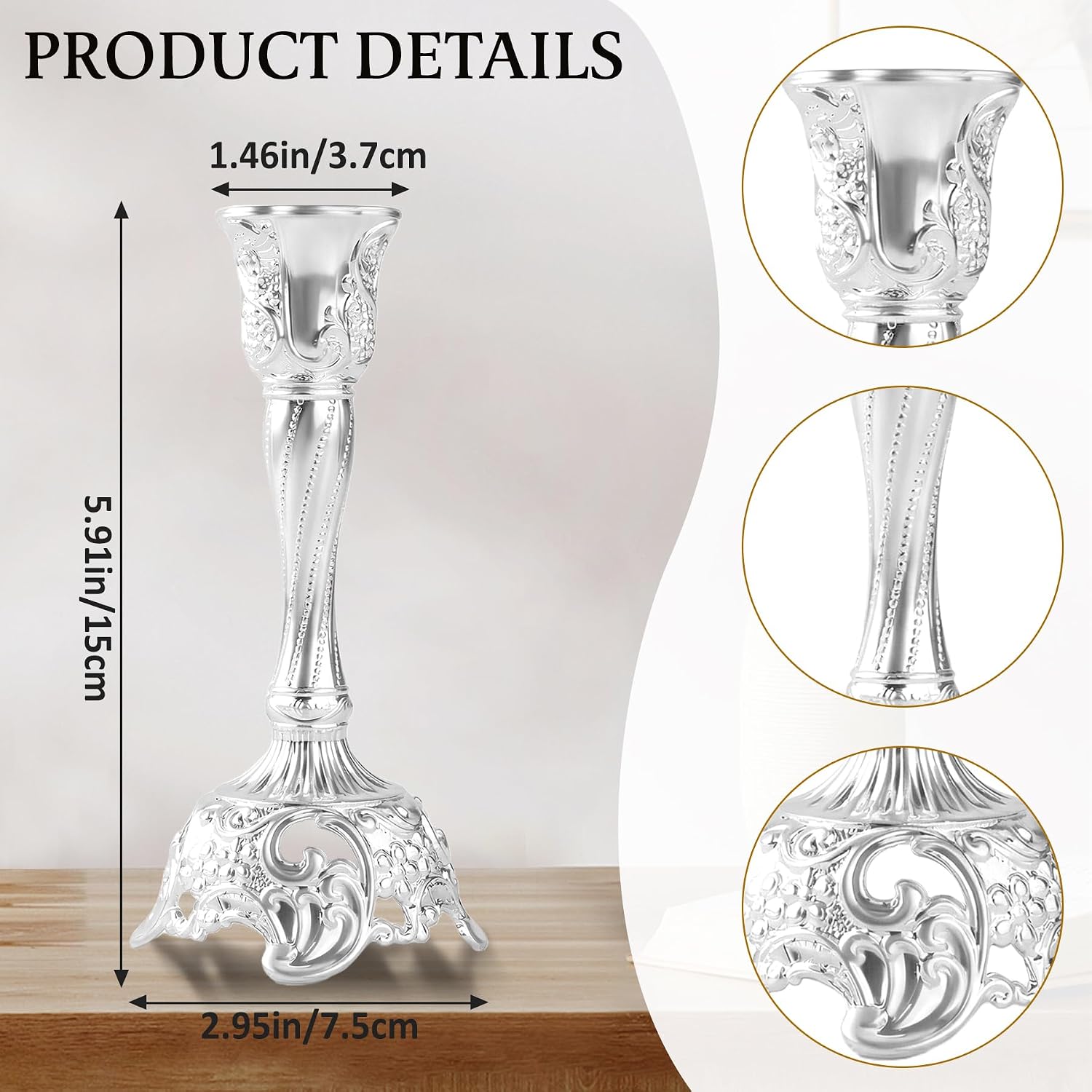 Shabbat Candles Holders Set of 2 - Silver Plated Shabbat Candlesticks, Vintage Silver Jewish Holder for Shabbos Candles, Havdalah Gifts for Holiday (Silver)