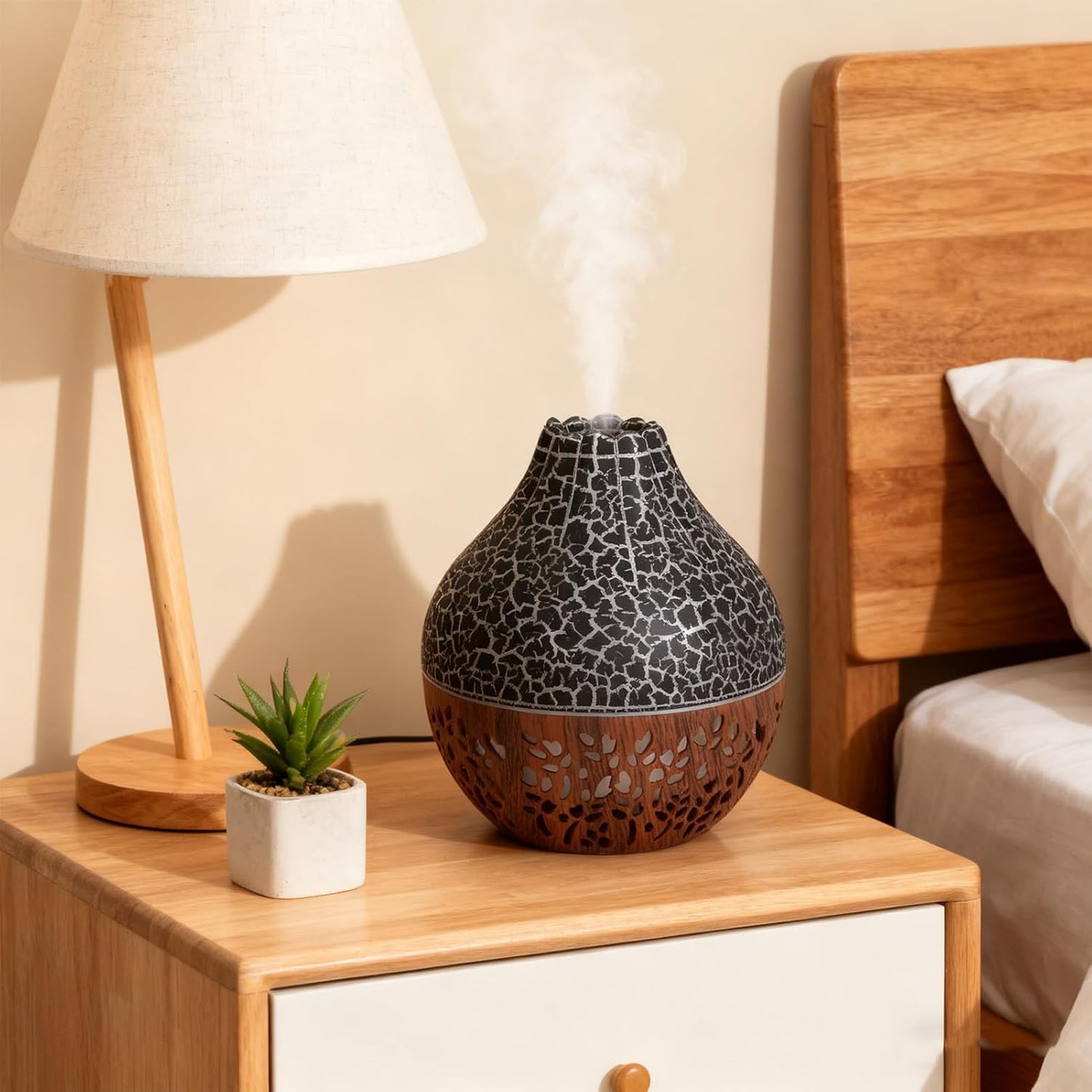 Essential Oil Diffuser, Mini Ultrasonic Air Diffuser Humidifier Luminous Hallow Silent Auto Shut Off USB Aromatherapy Diffuser for Home Office Spa (Black Crack Dark Wood Grain)