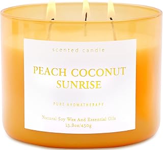 Peach Coconut Sunrise 3-Wick Soy Candle | 15.8 oz Large Aromatherapy Candle for Home | Clean Burn Long Lasting | Tropical Fruit Scent | Gift Ready