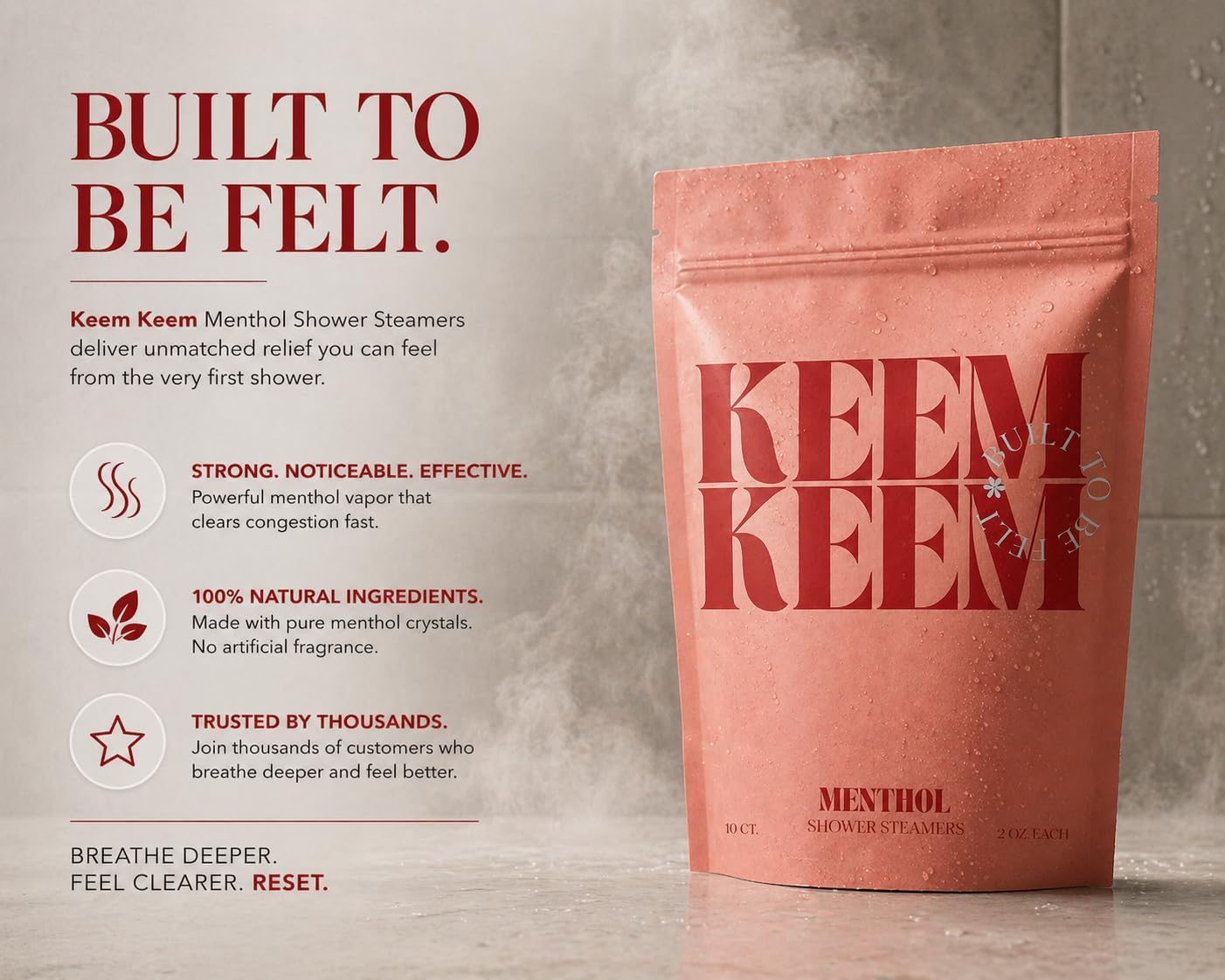 Keem Keem Menthol Shower Steamers, 10 Count, 2 oz Each, Individually Wrapped Cooling Shower Tablets with Pure Menthol Crystals, Dye-Free, No Fragrance Blends, No Eucalyptus