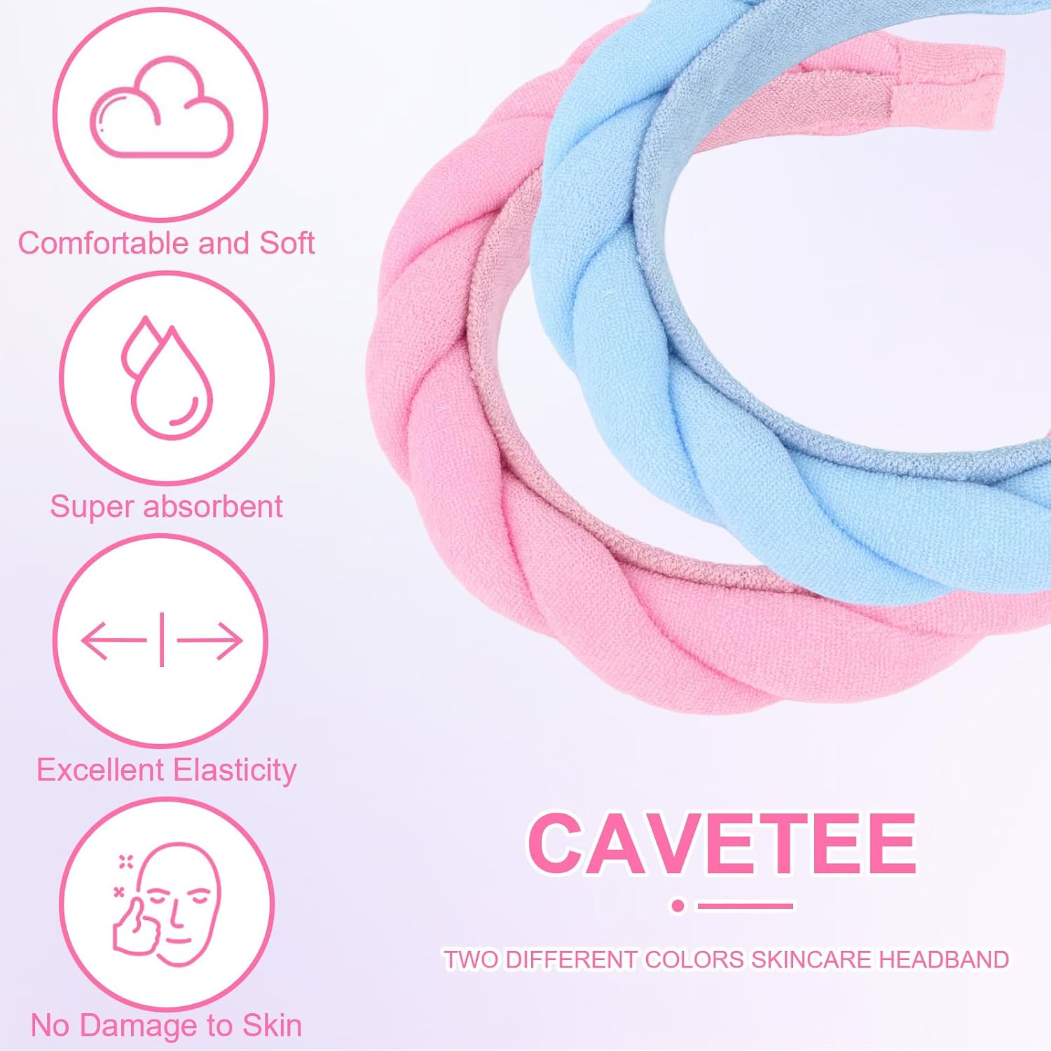 CAVETEE 2 Pcs Spa Headbands for Women, Skincare Hair Band for Women & Girls, Fashion Hair Accessories for Party, Daily Wear (Pink,Blue, one size)